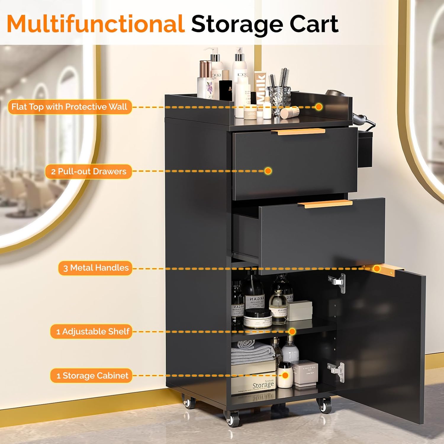 OmySalon Salon Cart with Wheels, 3-Tier Rolling Hair Styling Station, 2 Drawers & Adjustable Shelf, Hair Dryer Holder, Mobile Organizer for Salon, Barber, Spa, Nail & Beauty Tools, Black