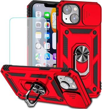 Case for iPhone 14 Case with Tempered Glass Screen Protector and Slide Camera Cover, 360 Rotate Ring Stand Magnetic Cover for Apple iPhone 14 Red