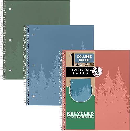 Five Star Cuaderno de espiral + aplicación de estudio, paquete de 4, 1 materia, papel reciclado a rayas universitarias, 8-1/2 x 11 pulgadas, 100