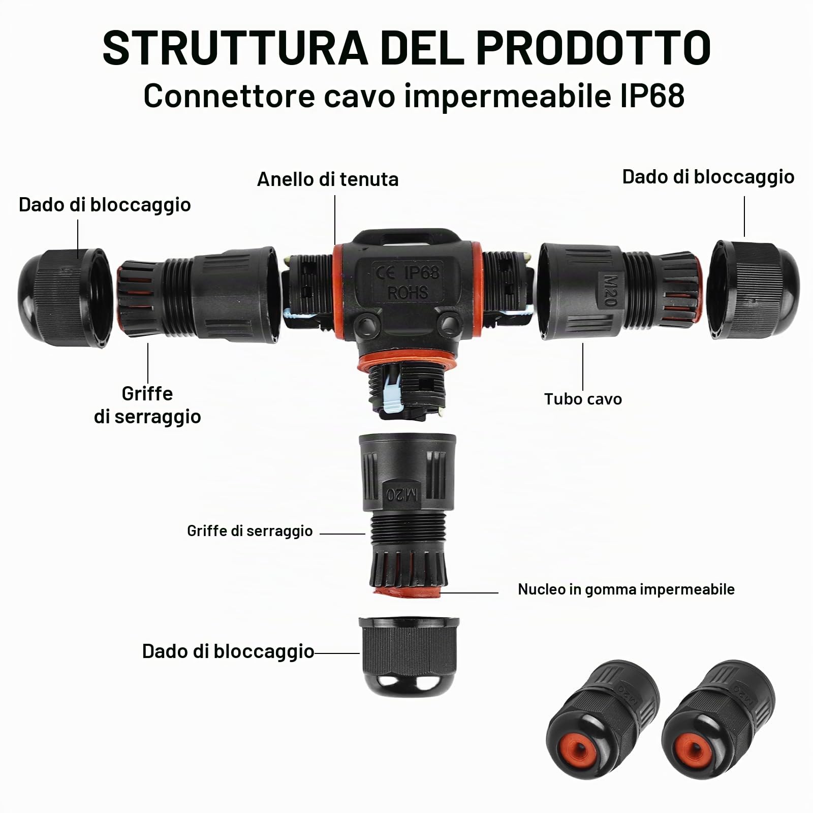 L4F Connettore Cavo Impermeabile IP68 3 Pin Per Esterni – Confezione Da 2, Adatto A Cavi Ø7-8mm - 2
