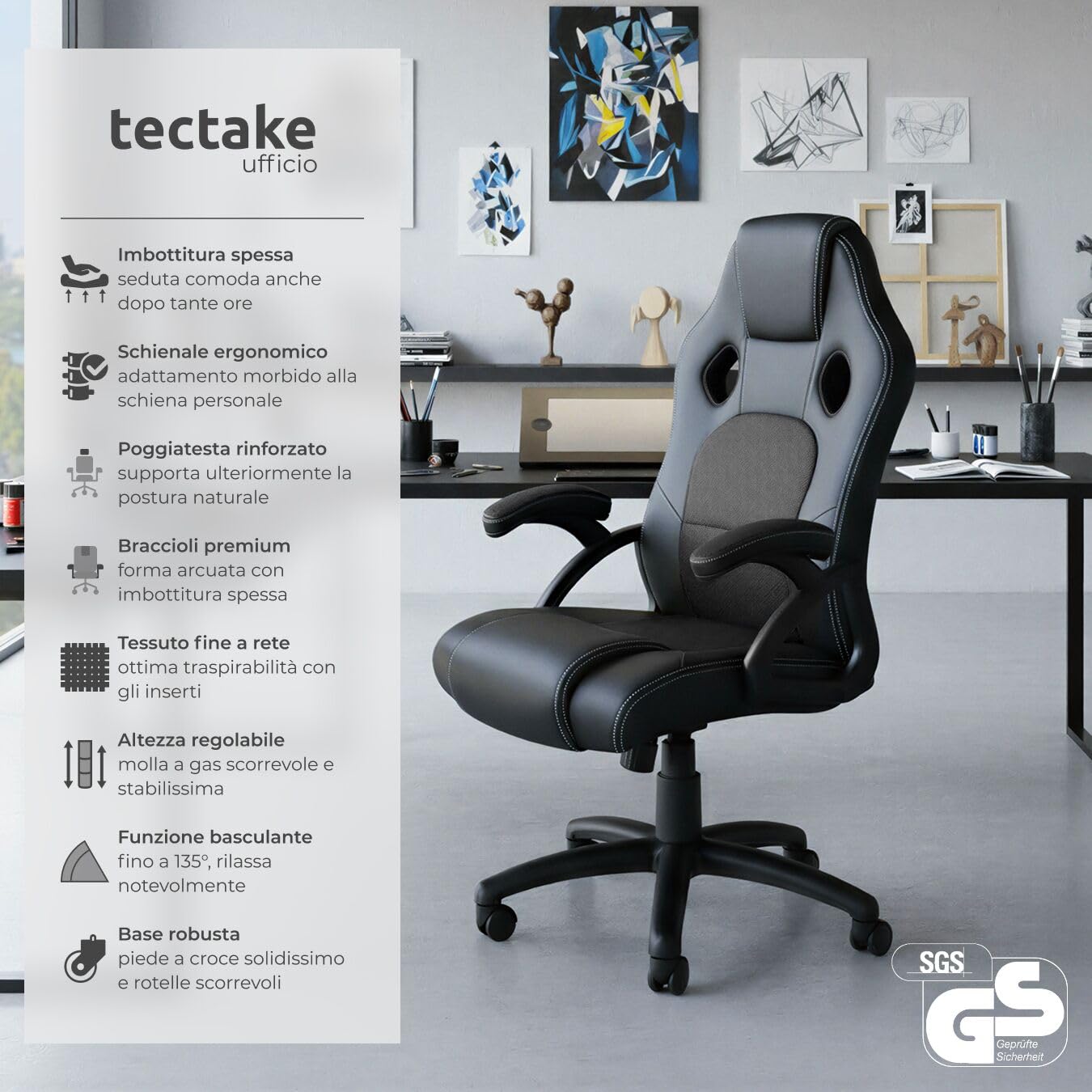 tectake® Sedia Ergonomica da Ufficio, Sedia Gaming con Ruote per Scrivania con Base Robusta e con Imbottitura Spessa, Poltrona Gaming, Adattamento Ottimale - Nero