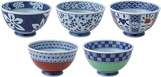 Saikai Pottery 52642 Hasami Ware Dyed Nishiki Picture Changing, Lightweight Rice Bowl, Set of 5