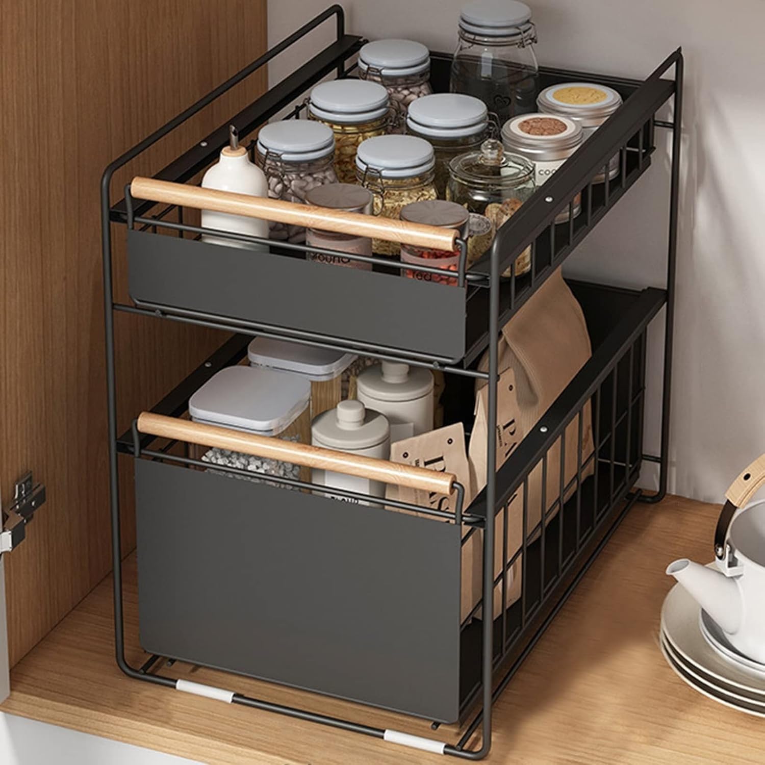 Panier multi-usage sous évier noir 40x27x39 cm pour rangement de cuisine