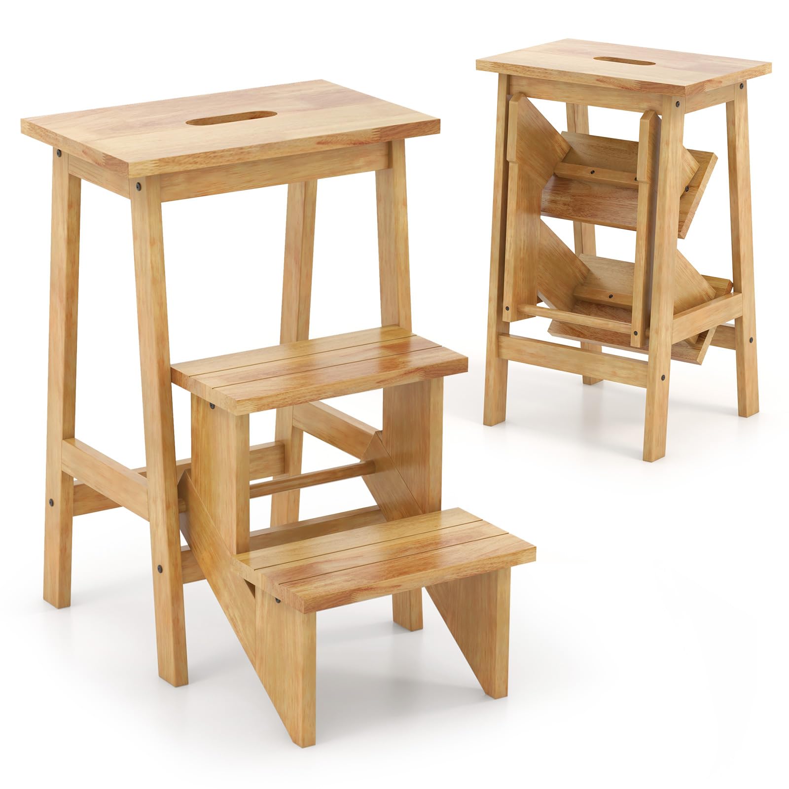 GIANTEX Taburete Escalera Plegable de 3 Peldaños, Escalera de Madera de Caucho con Asa Calada, 41 x 56 x 61 cm, Carga 270 kg, Taburete Multifuncional para Estudio, Cambiador, Almacén (Natural)