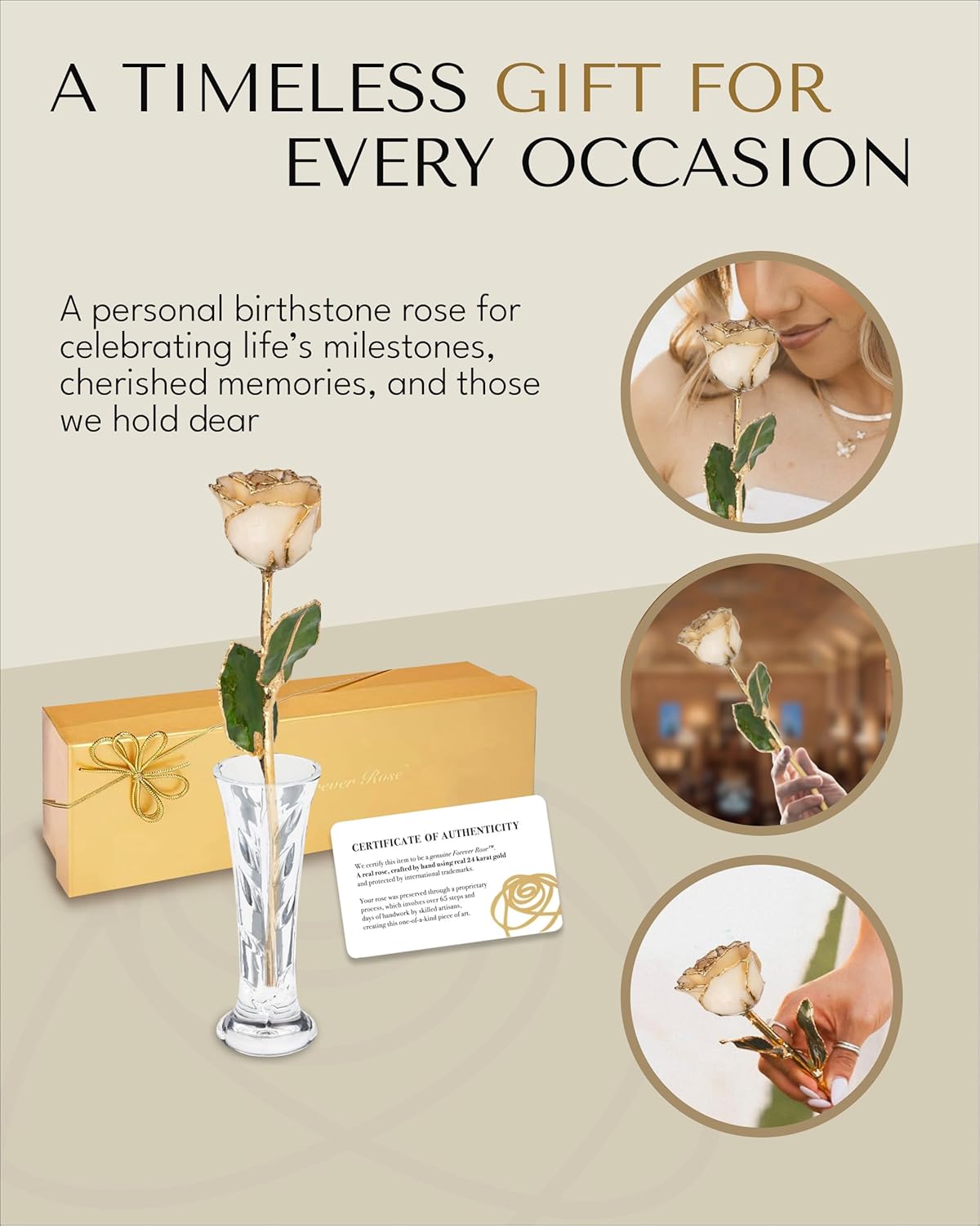 Forever Rose Hand-Dipped in 24K Gold, Diamond-Inspired April Birthstone with Sparkles, Real Rose in Luxury Gold Gift Box & Clear Glass Bud Vase – Perfect Ready for April Birthday or Any Occasion
