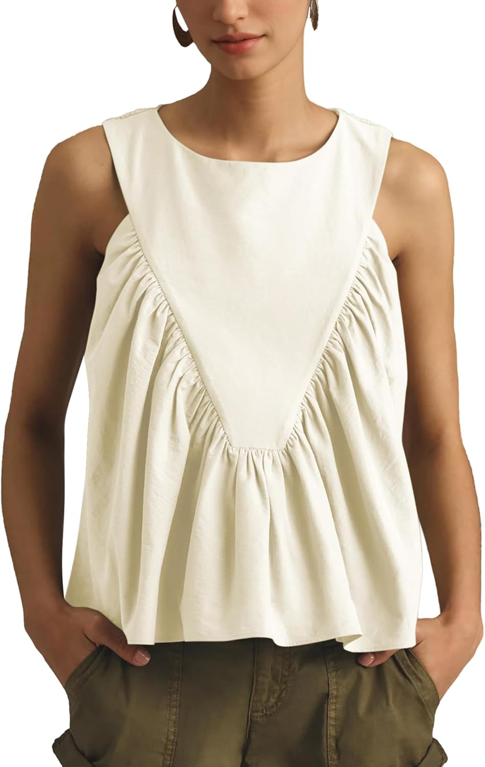 Tanming Womens Sleeveless Peplum Top Swing Tank Loose Fit Back Button Casual Blouse Ruffled Shirts