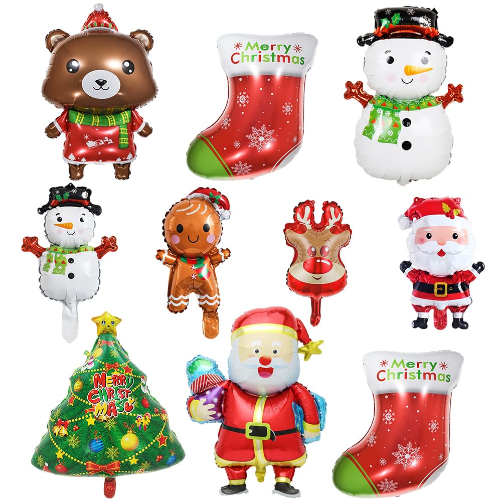 10 Pcs Christmas Balloon Set, Christmas Party Decorations, Santa Claus, Snowman, Gift Tree, Stockings, Christma Eve New Year'S Party Decorations and Arrangement