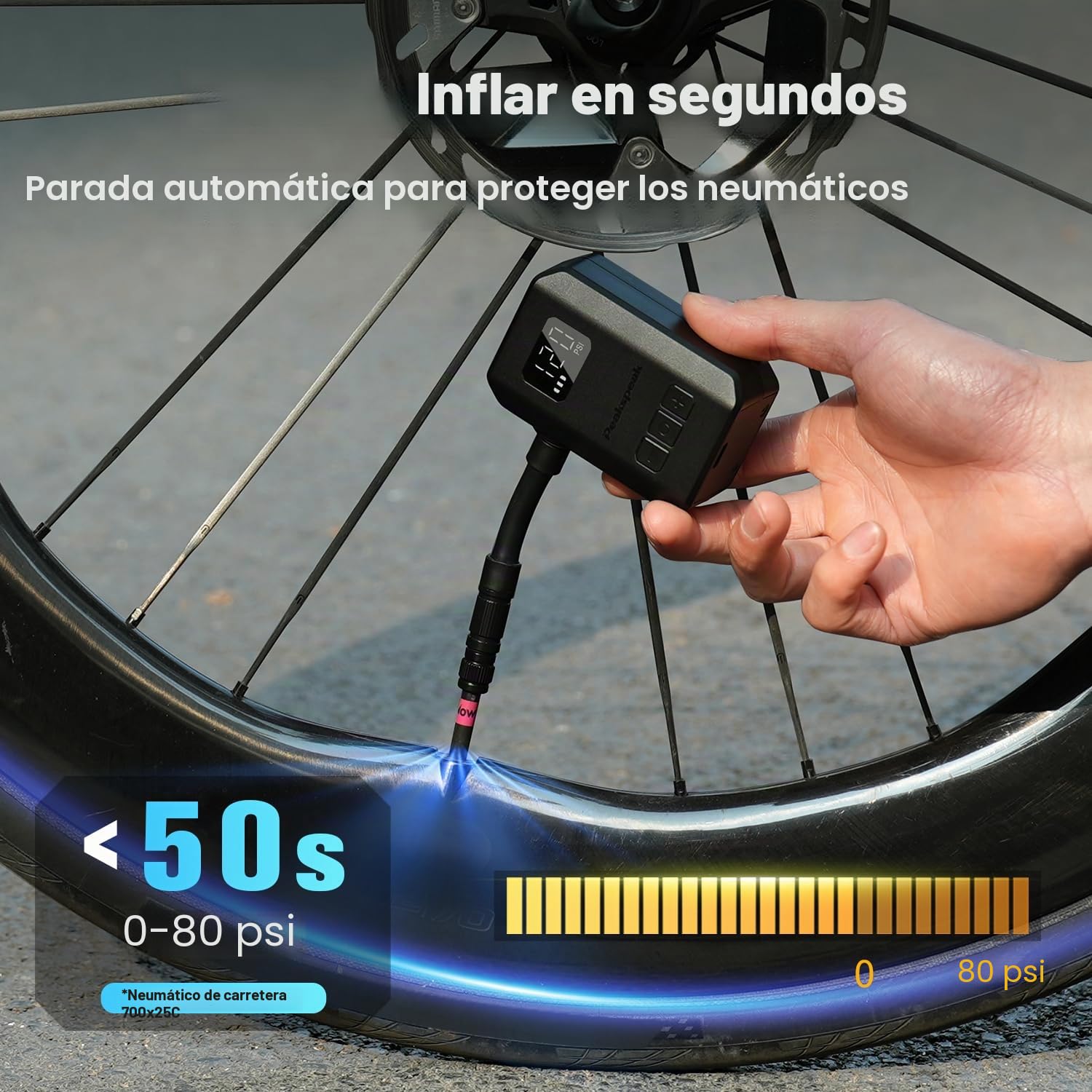 Peakspeak Mini bomba eléctrica para bicicleta AS260PRO, 120PSI bomba de bicicleta portátil con manómetro y parada automática, recargable por USB-C, inflado de precisión para válvulas Presta/Schrader