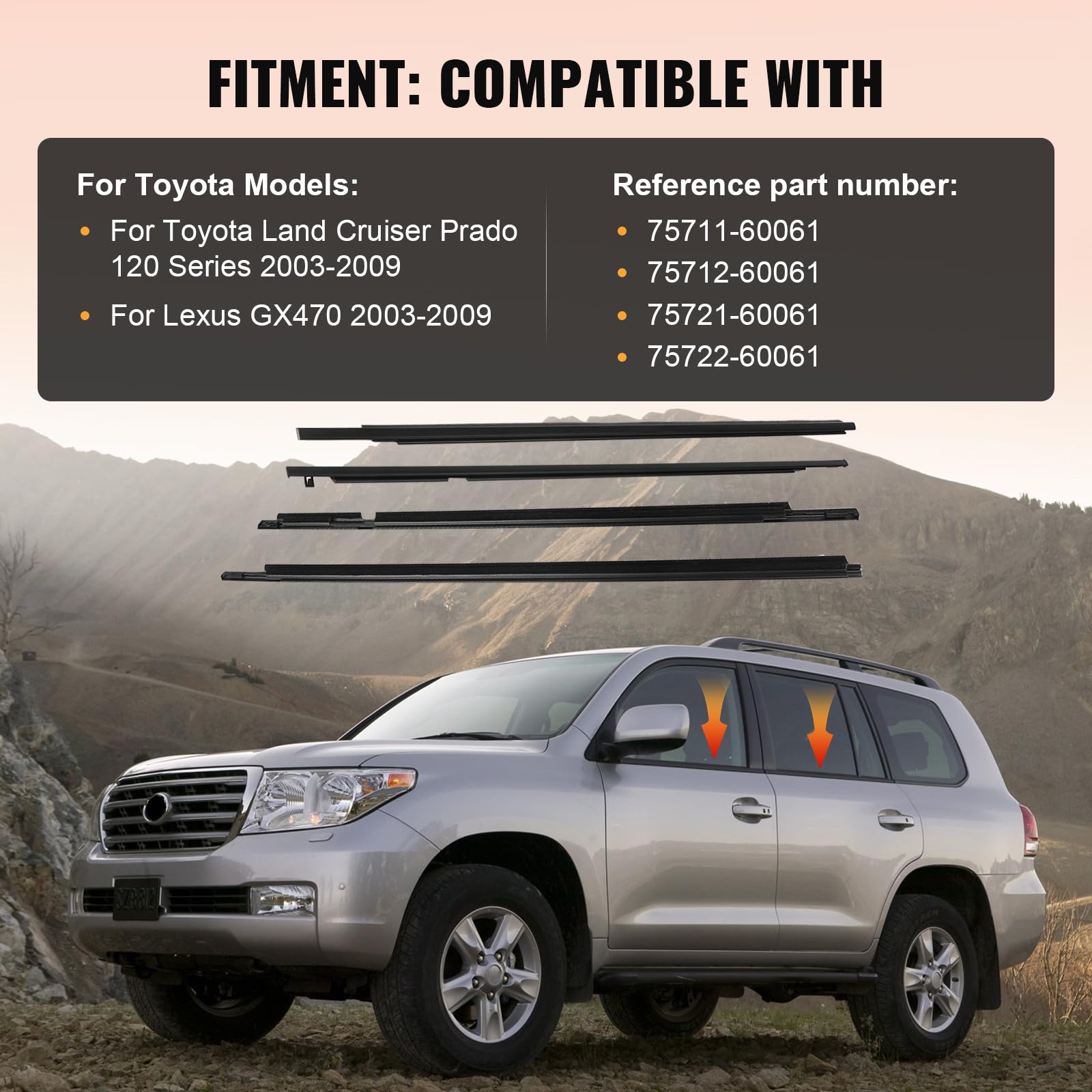 Weatherstrip Window Moulding Trim for Toyota Land Cruiser Prado | 120 Series 2003-2009 Seal Belt Weather Stripping for Lexus GX470 2003-200975711-6006175712-6006175721-6006175722-60061 product thumbnail 7