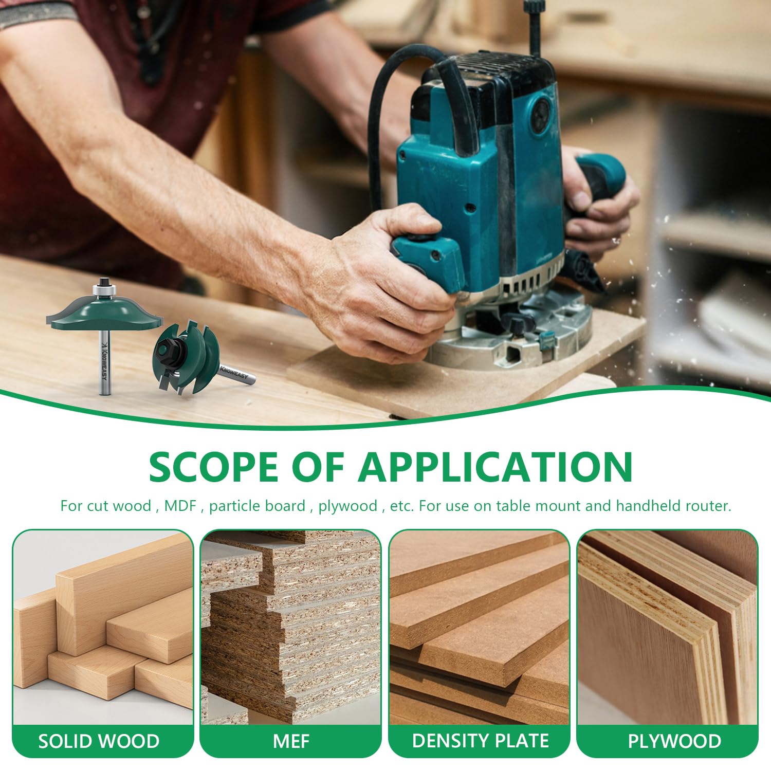 Knoweasy 3-Piece Raised Cabinet Router Bit Set with 1/4 Inch Shank, Professional Cabinet Door Making Kit Includes Ogee Rail and Stile Bits, Tongue and Groove Cutters with 1-5/8 Inch Tenon Diameter