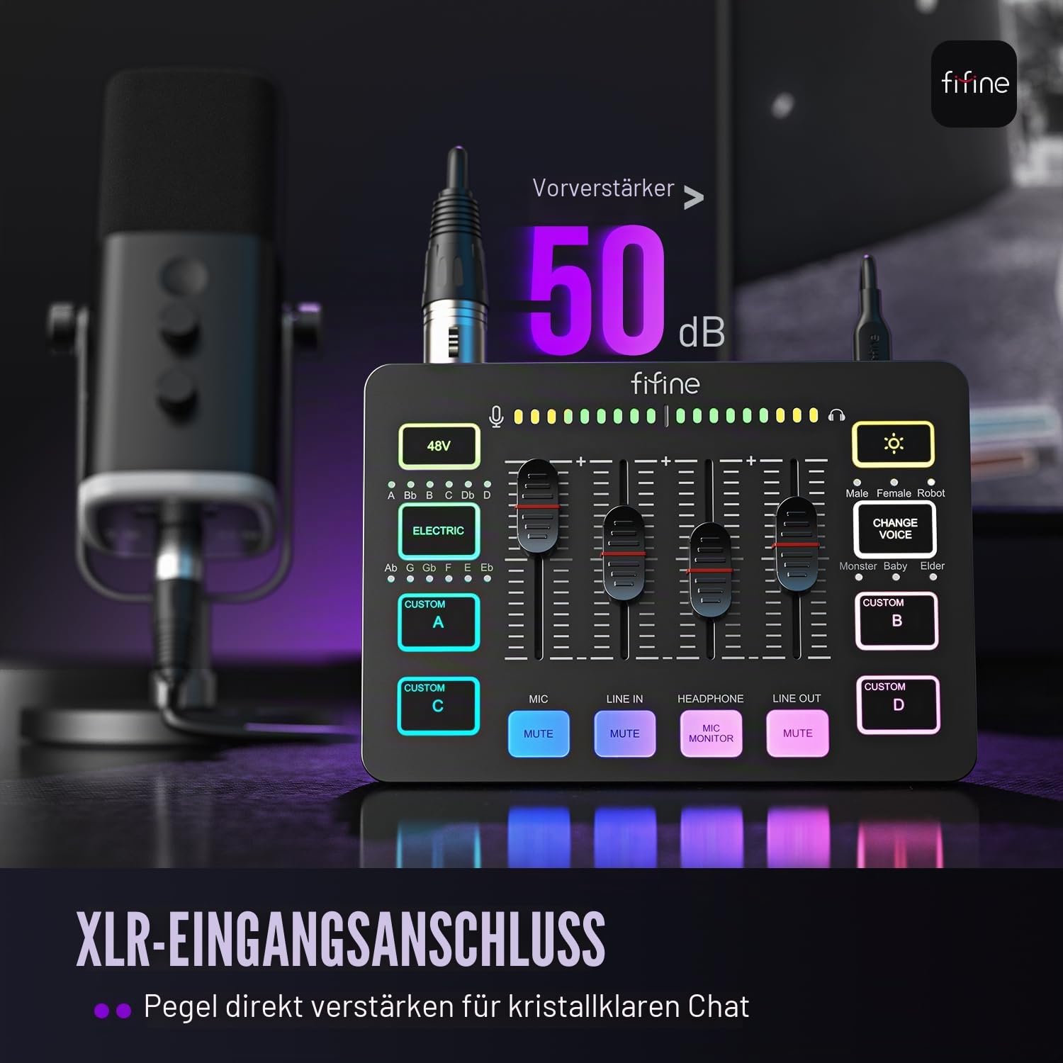 FIFINE Gaming Audio Mixer, Streaming RGB PC Mixer mit XLR Mikrofon Schnittstelle, Individuelle Steuerung, Volume Fader, Stummschalttaste, 48V Phantomspeisung, für Podcast/Aufnahme/Gesang/Spiel