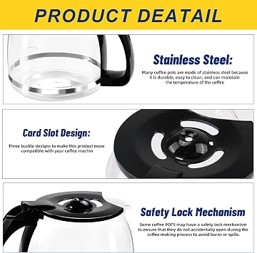12-Cup Glass Coffee Carafe Replacement Pot Compatible with Mr Coffee, Black & Decker and 12 Cup Carafe Black with Close Handle, Replacement for PLD12, PLD12-RB, PLD12-NP