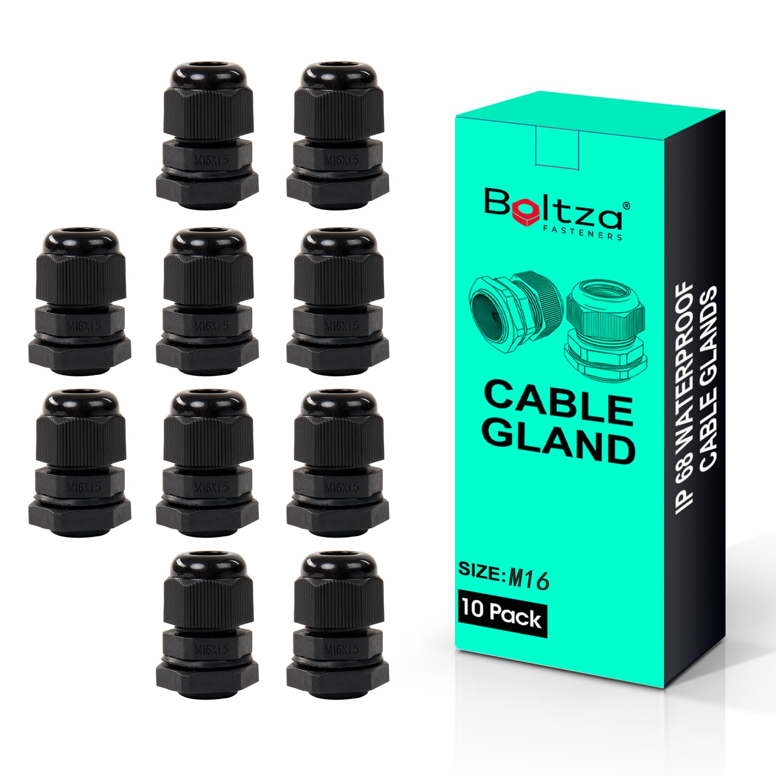 Boltza Black Boltza® Nylon Cable Gland – Ip68 Waterproof Cable Connector For Electrical Enclosures, Junction Boxes, Outdoor Use – Conduit Gland – 10 Pack (M16)