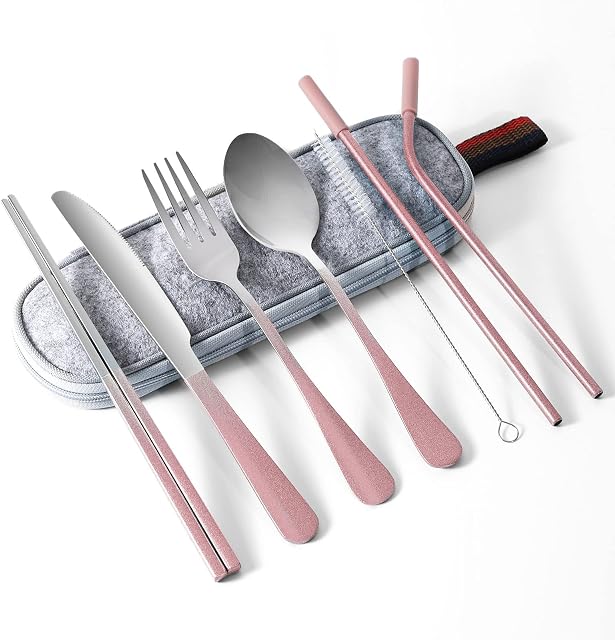 Travel Utensils Set, Portable Silverware with Case,Travel Camping Cutlery Stainless Steel Set,8pcs Including Dinner Knife Fork Spoon Chopsticks Straws
