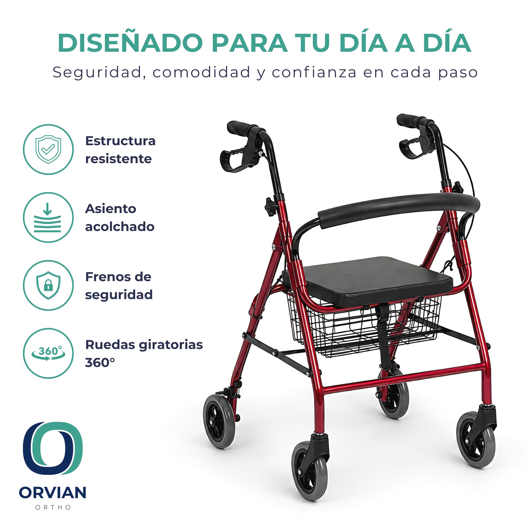 Andador para Ancianos Plegable con Frenos. Andador para Adultos con 4 Ruedas, Altura Regulable, Asiento Acolchado y Cesta. Caminador Estructura de Aluminio Ligero y Resistente. Hasta 136 Kg