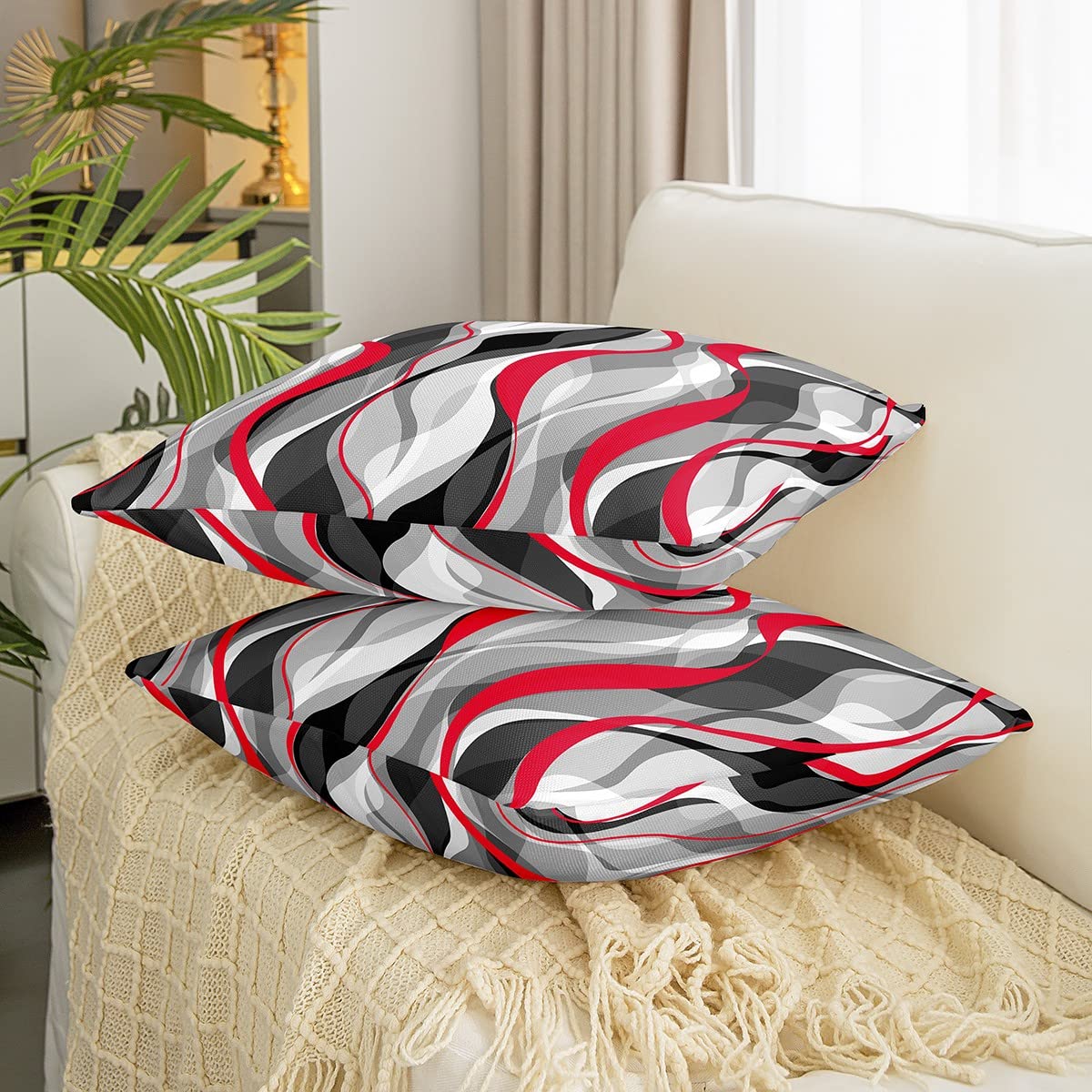Loussiesd Red Grey Black Stripes Reversible Throw Pillow Covers Kids Geometric Pillow Covers Home Decor for Square Cushion Covers Set of 2 Modern Striped Art Abstract Art 22x22 Inch - Image 3
