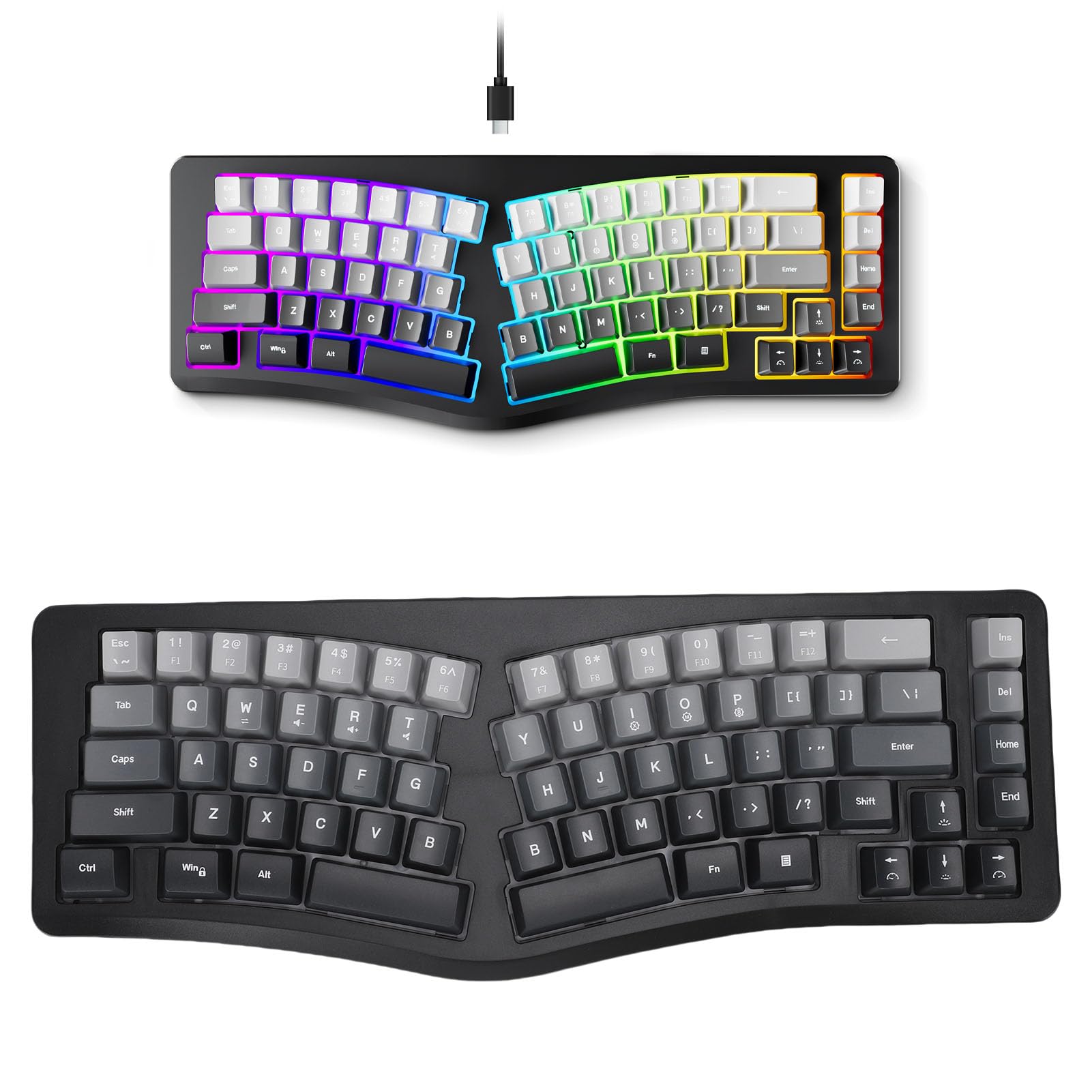 USB Wired Ergonomic Gaming Keyboard, 69 Keys RGB Backlit Mechanical Feel Split Key Layout with 7 Colors Lighting Modes, for OS X Laptops Desktops