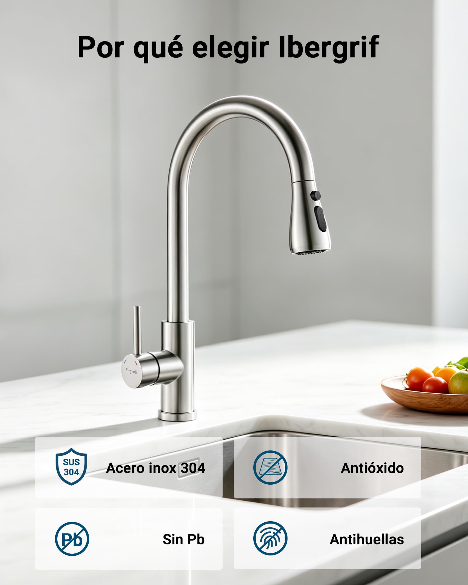 Ibergrif Grifo Cocina Extraíble, Grifo Cocina Fregadero 360° Giratorio, 3 Modos de Agua, Acero Inoxidable 304, Ahorro Energético 30%, Instalación Sin Herramientas en 5 Minutos, M22137