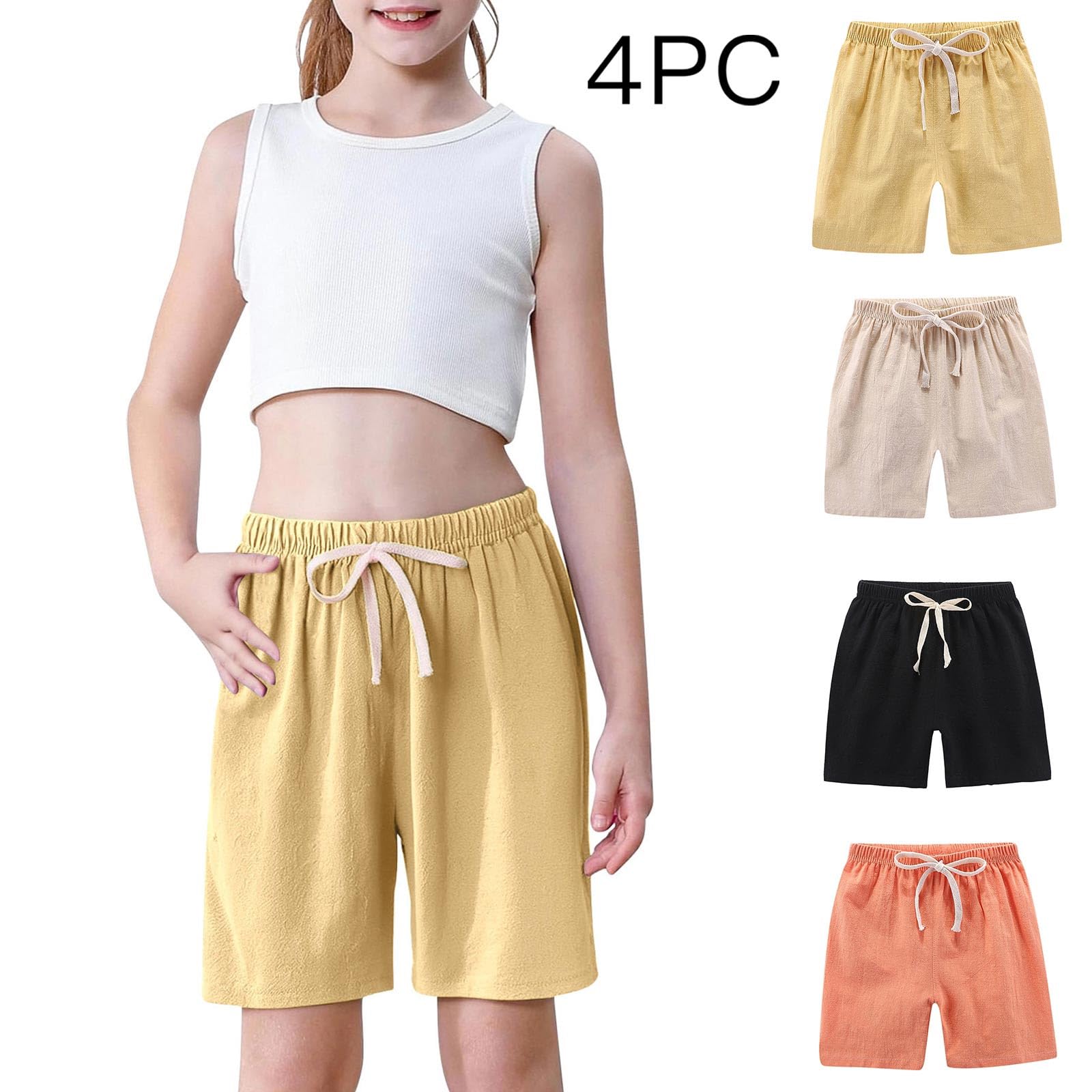 4 Pezzi Abbigliamento per Bambino Sportivi Pantaloncini in Lino e Cotone Pantaloni Corti con Coulisse Leggings Estivi Elastico in Vita Pantaloncini Leggeri Traspiranti Pants Casual Pantalone