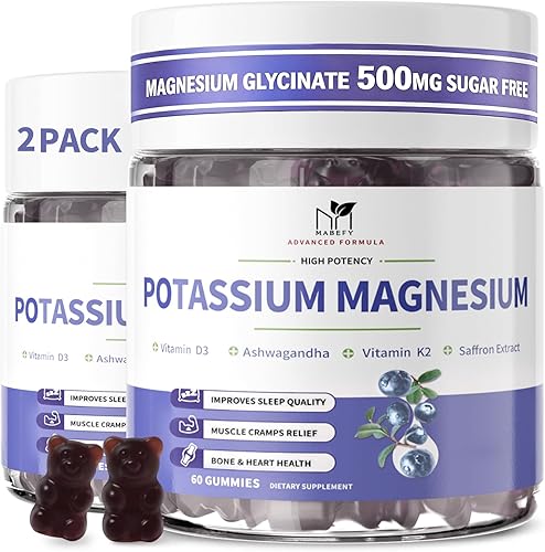 Miniatura 10 de Paquete de 2 gomitas de potasio y magnesio, suplemento de potasio sin azúcar, glicinato de magnesio de 500 mg, Ashwagandha, vitaminas D3, C, B6