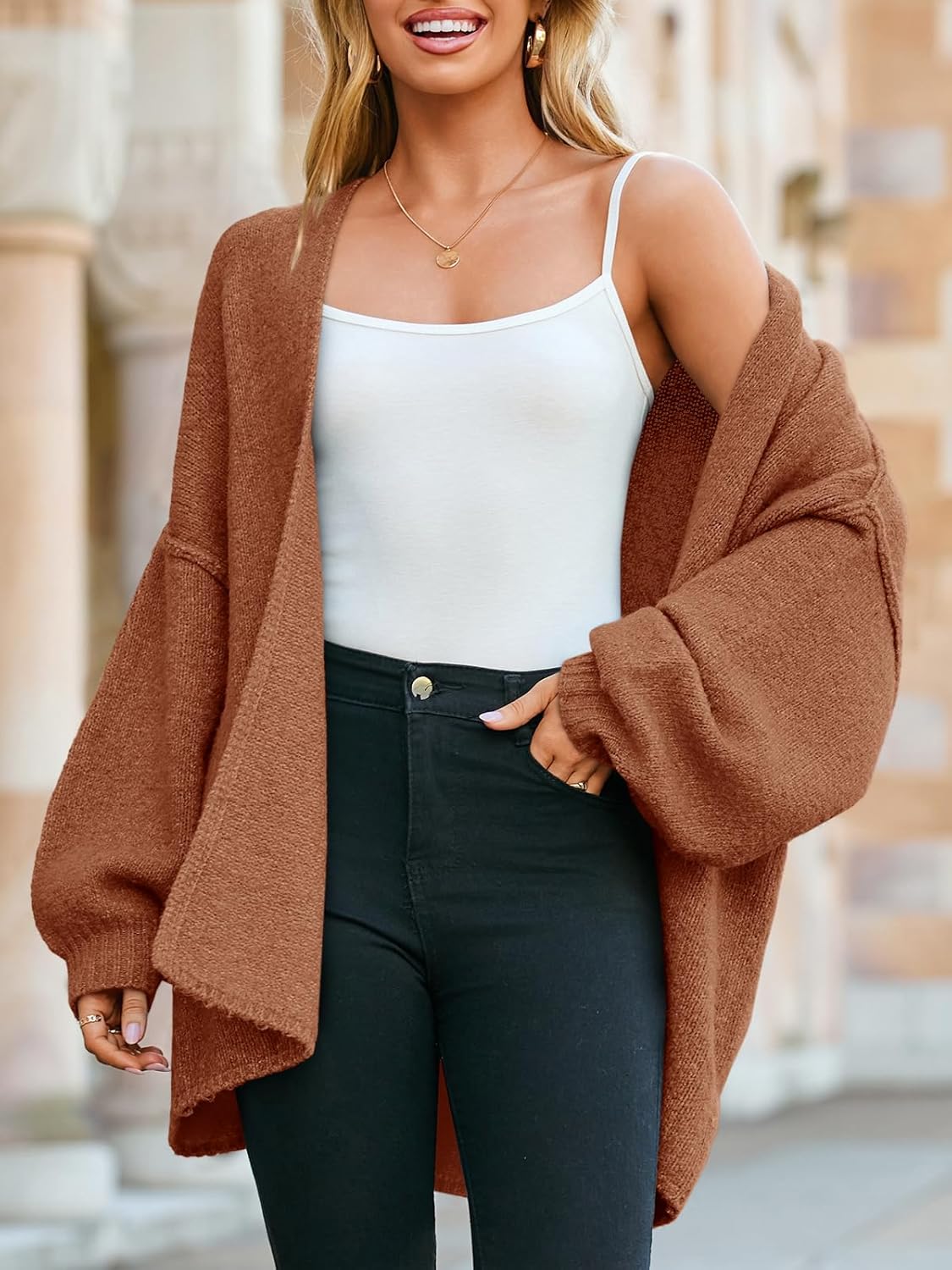 Saodimallsu Womens Oversized Cardigan Sweaters Open Front Chunky Knit Casual Long Lantern Sleeve Fall Sweater Coats - Image 4