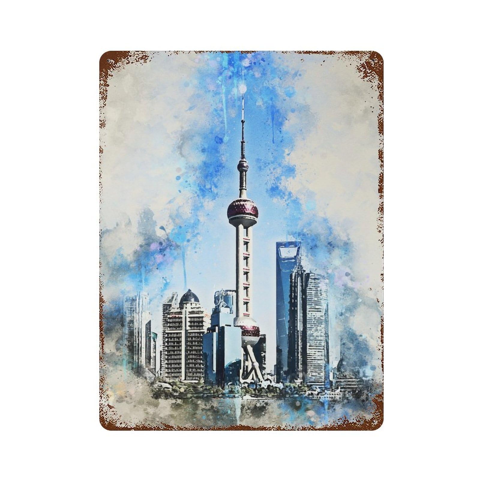 Vintage Rust Metal Sign with Shanghai in Watercolor Design 15.7"x11.8", for Shed, Workshop And Garage Wall Decor, Classic Wall Plaque