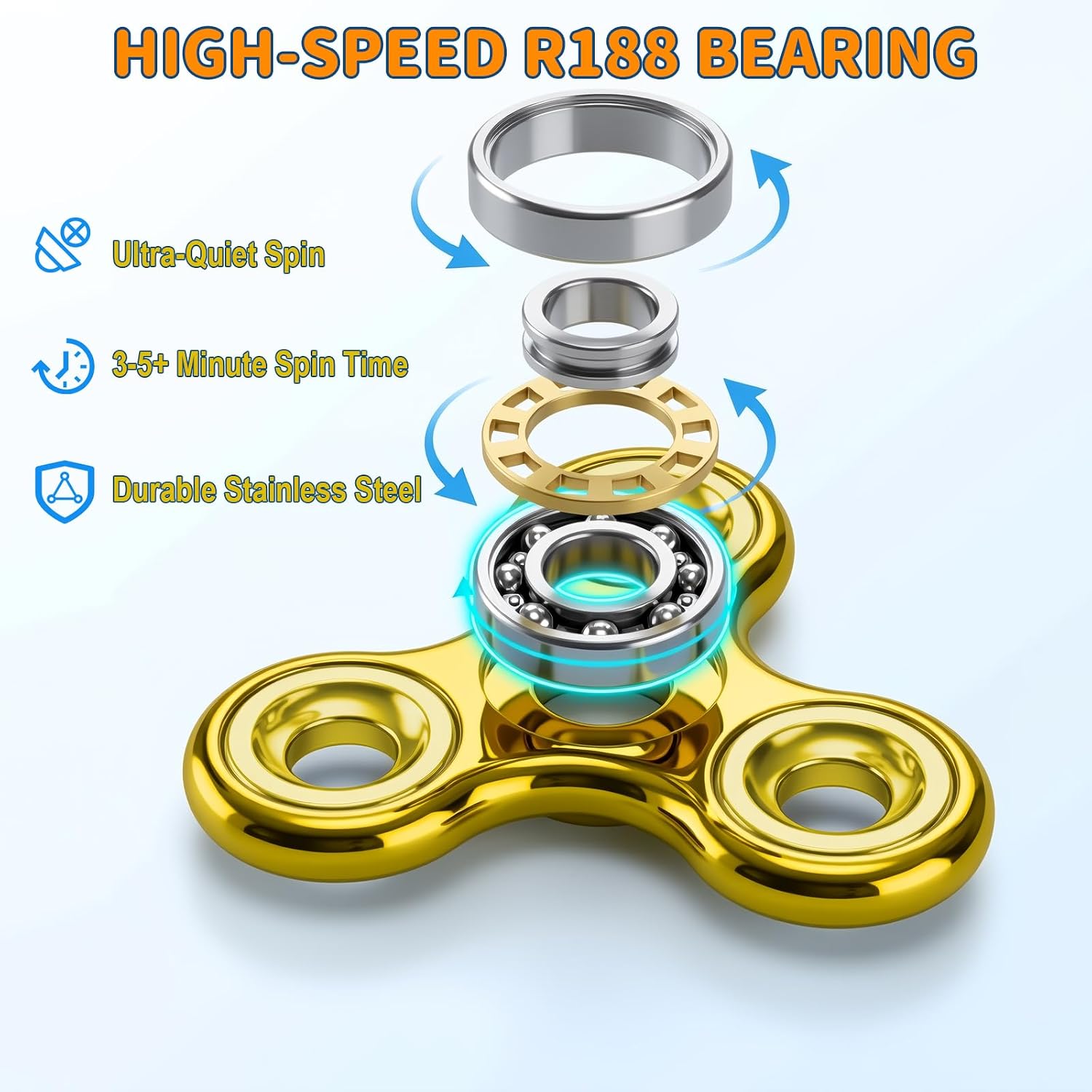 Fidget Toys Adults,Electroplated Metal Fidget Spinner Stress Reducer,High Speed 3-5 Min Quite Spins,Fidgets for Adults & Teens & Kids Age 6+(Golden) image 3