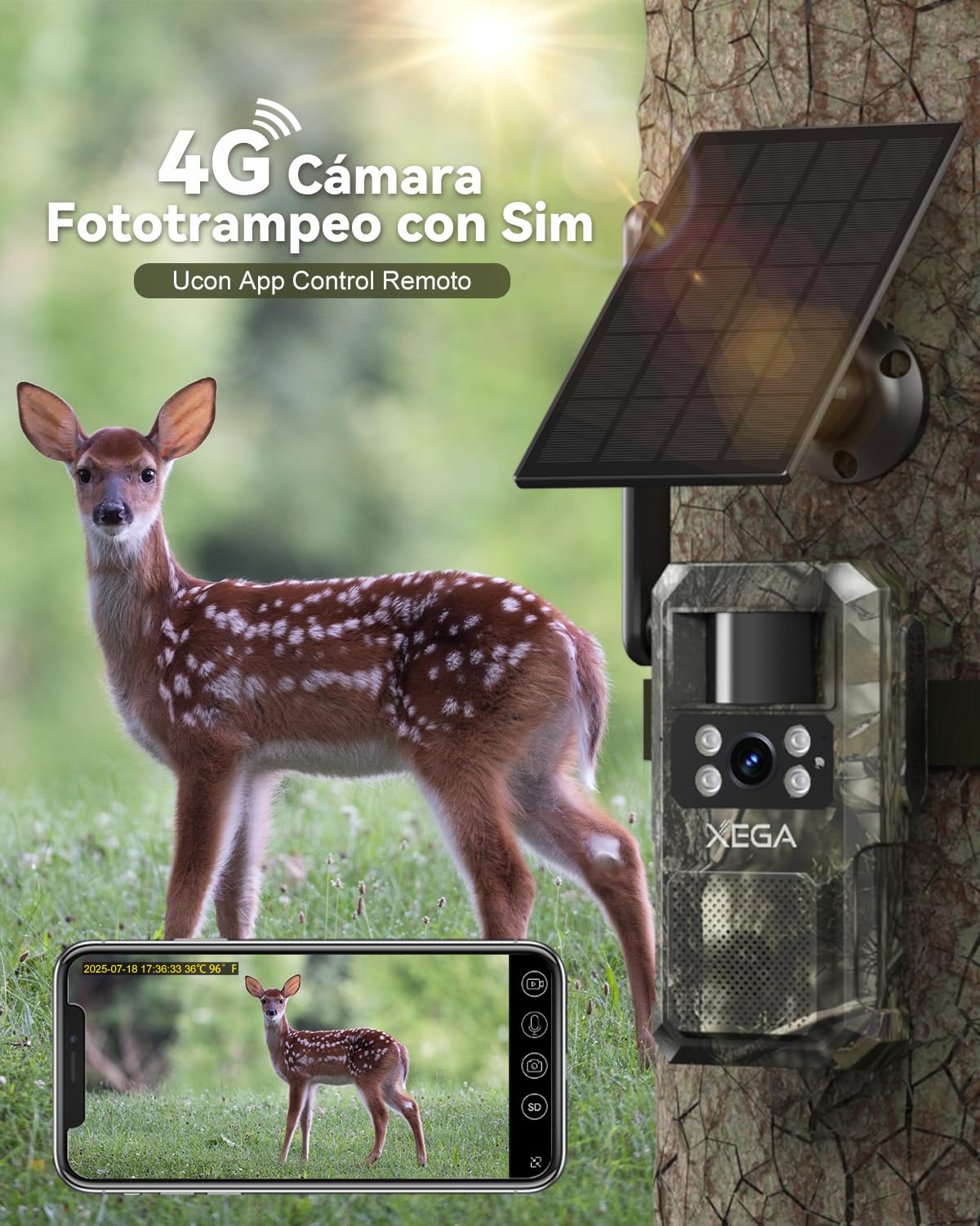 Xega 4G LTE Cámara de Caza Solar con Tarjeta SIM, Cámara Fototrampeo sin WiFi, 7800 mAh Batería, Visión Nocturna 950nm Infrarrojos Invisible, Audio de 2 vías, 0,2s Activación, IP66 Impermeable