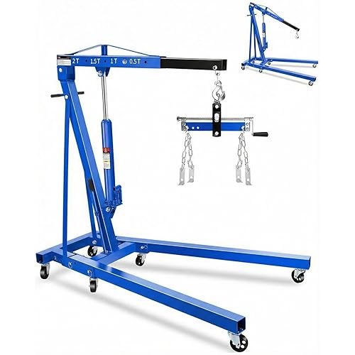 2-Ton Folding Engine Hoist with Lever, Hydraulic Shop Crane with 6 Swivel Wheels & Adjustable Boom (0.5T-2T), Heavy-Duty Cherry Picker for Garage, Workshop, Truck, Farm (Net Wt. 168 Lbs)
