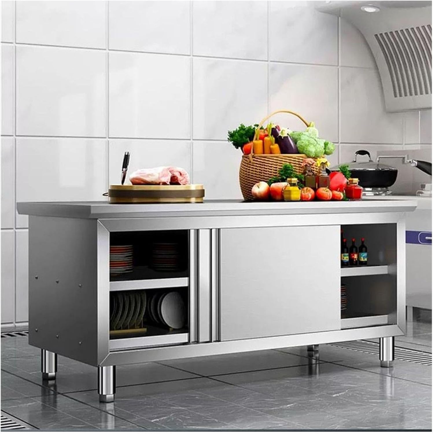 Removable Double Sliding Door Stainless Steel Workbench H80cm Open Thickened Kitchen Cabinet with Storage Shelves Load 50KG Requires Assembly Multiple