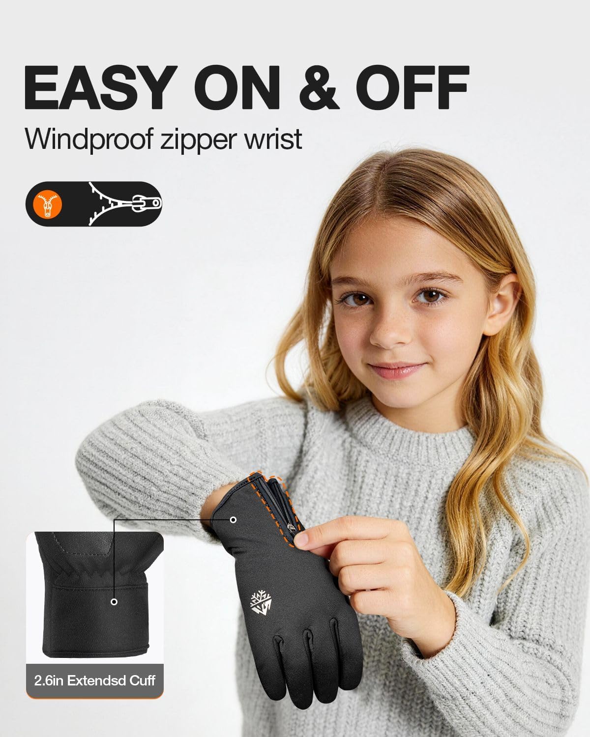 RIGWARL Warm Kids Winter Gloves for Boys Girls, Water-Resistant Touchscreen Gloves with Zipper Cuff, Gifts for Kids Christmas - Image 3