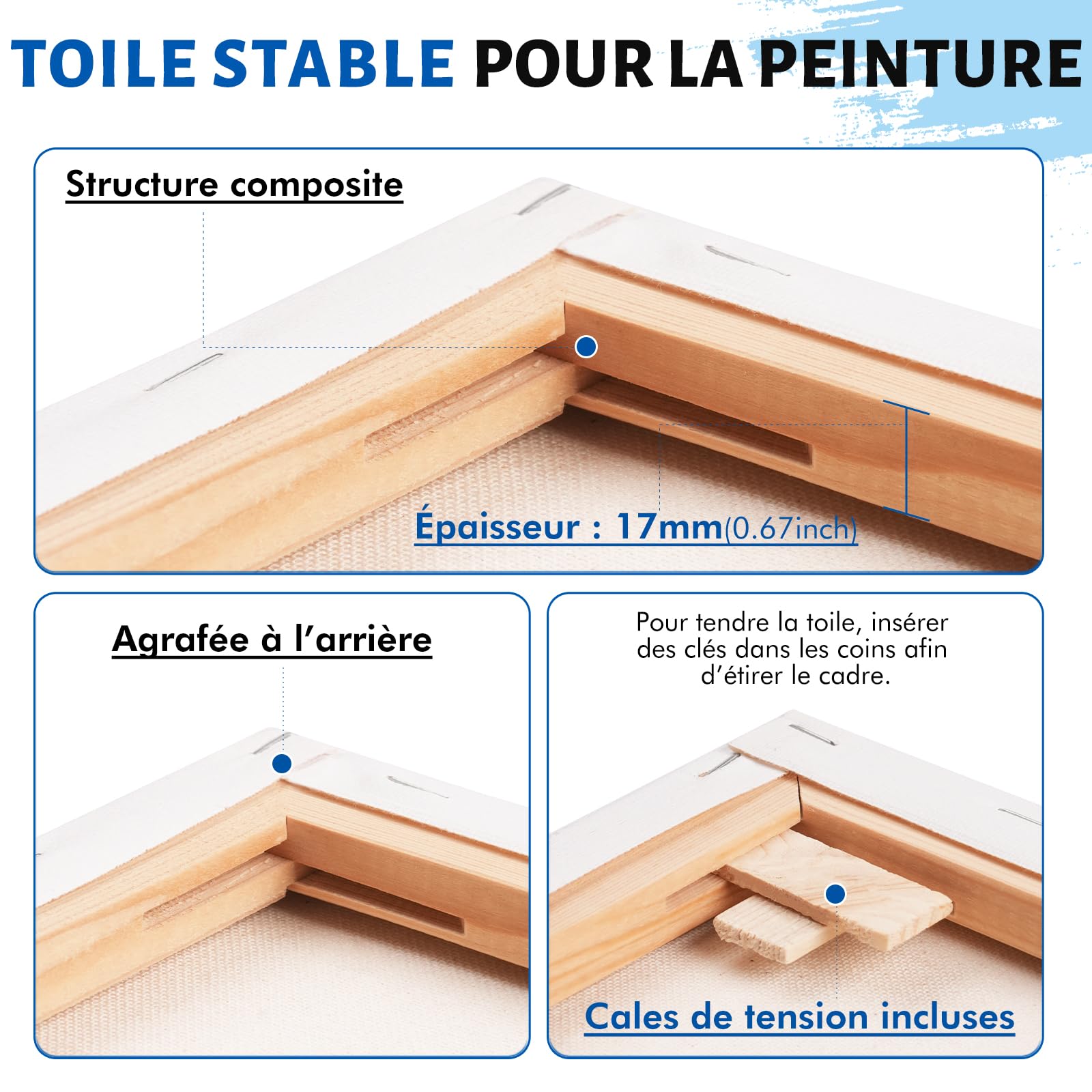 Toile Peinture 40x50, 30x40, 20x30 cm – 9 pièces Toile à Peindre Pré-Étirée pour Artiste, 100% Coton, Bois certifié FSC, 280GSM, 1,7 cm Épaisseur | Toiles Encadrées Sans Acide, Triplement Apprêtées
