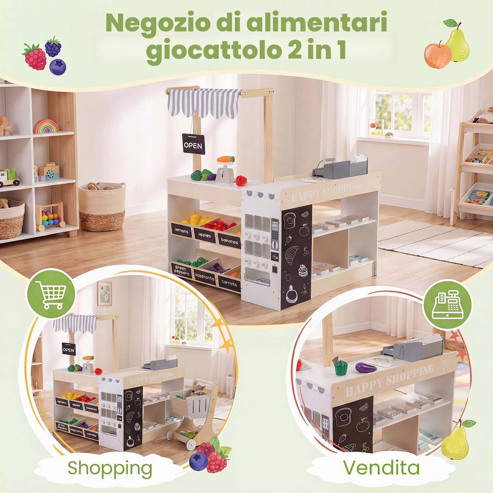 HOMASIS Negozio in Legno per Bambini, Supermercato Giocattolo con Registratore di Cassa, Lavagna, Carrello della Spesa, Distributore Automatico, Frutta e Verdura, Giocattolo per Bambini 3+ Anni