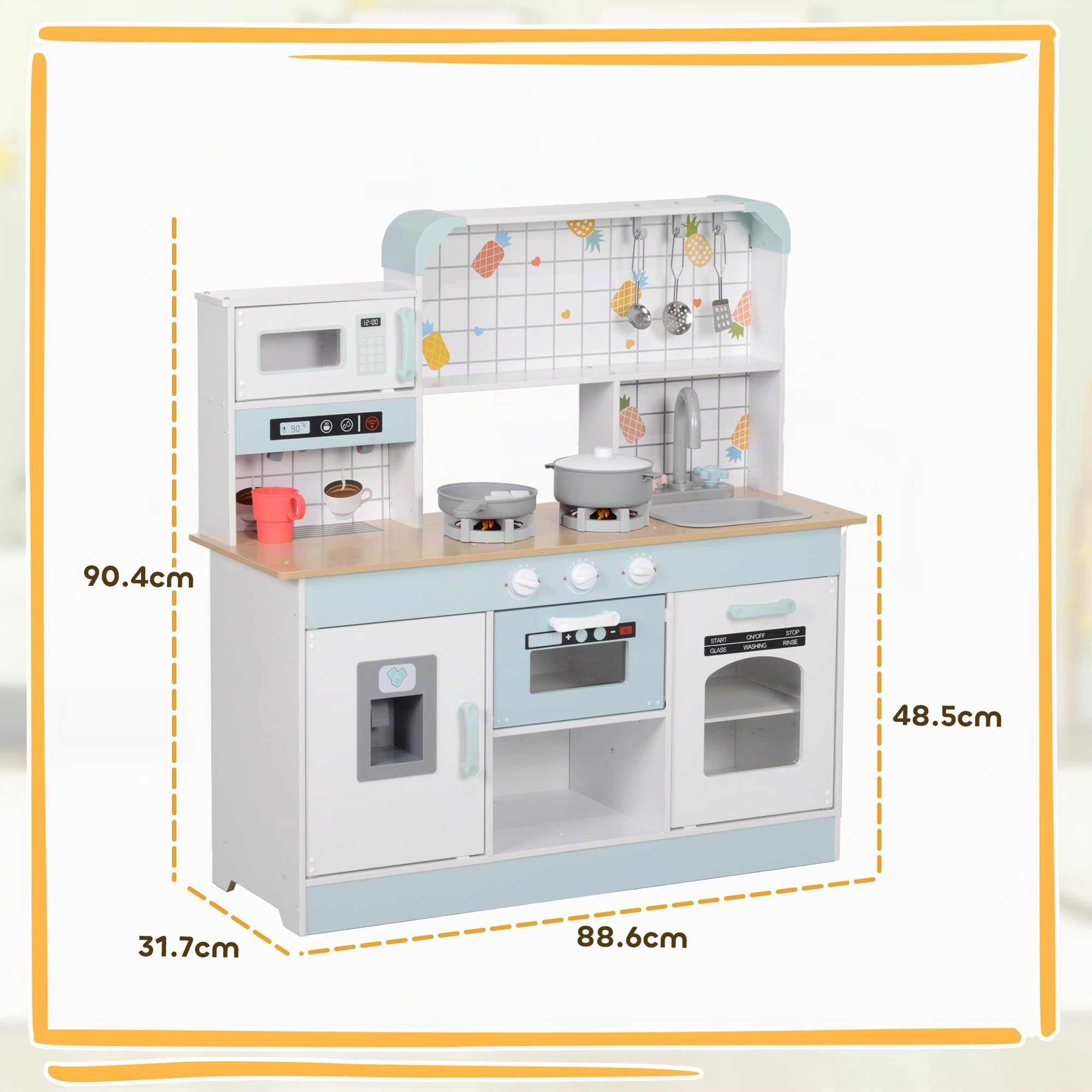 AIYAPLAY Cucina Giocattolo per Bambini da 3 Anni in Legno, Fornello con Luci e Suoni, Microonde, Macchina del Caffè, Macchina del Ghiaccio e Armadietti, Bianco