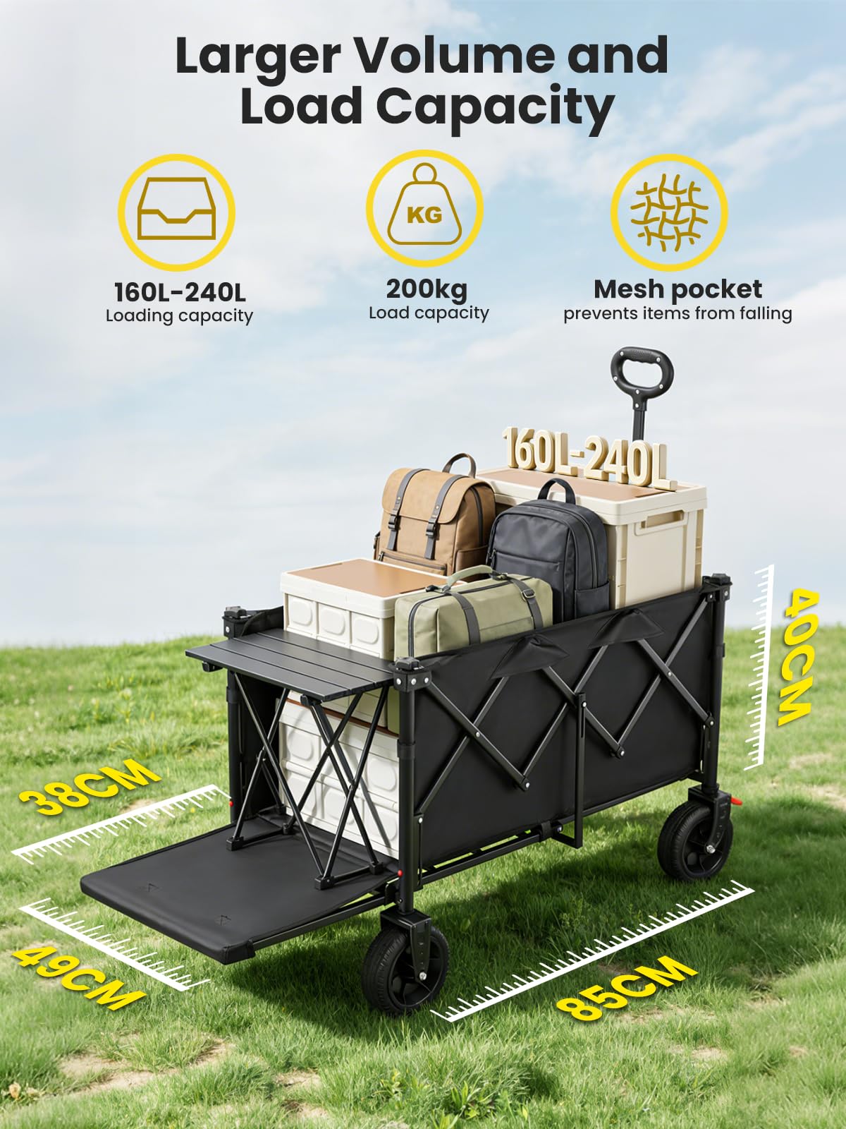YEAUPE PRO Chariot Pliable 240L 200KG, Chariot de Courses Chariot Tout Terrain À Freins, Hayon Entièrement Rabattable À Plat pour Objets Longs – Idéal pour Courses Et Activités Extérieures