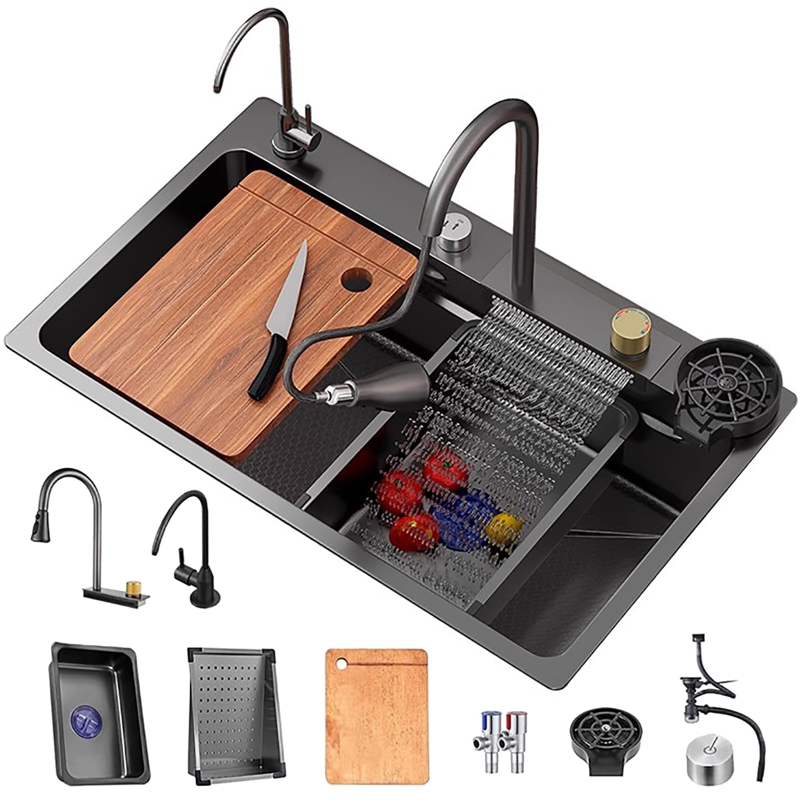 Lavello Cucina 1 Vasca Grande 68x45cm, Moderno Lavello Cucina in Acciaio Inox, Cascata a Lavello Multifunzione, Con Rubinetto, Sifone e Set di Drenaggio (Kitchen Sink)