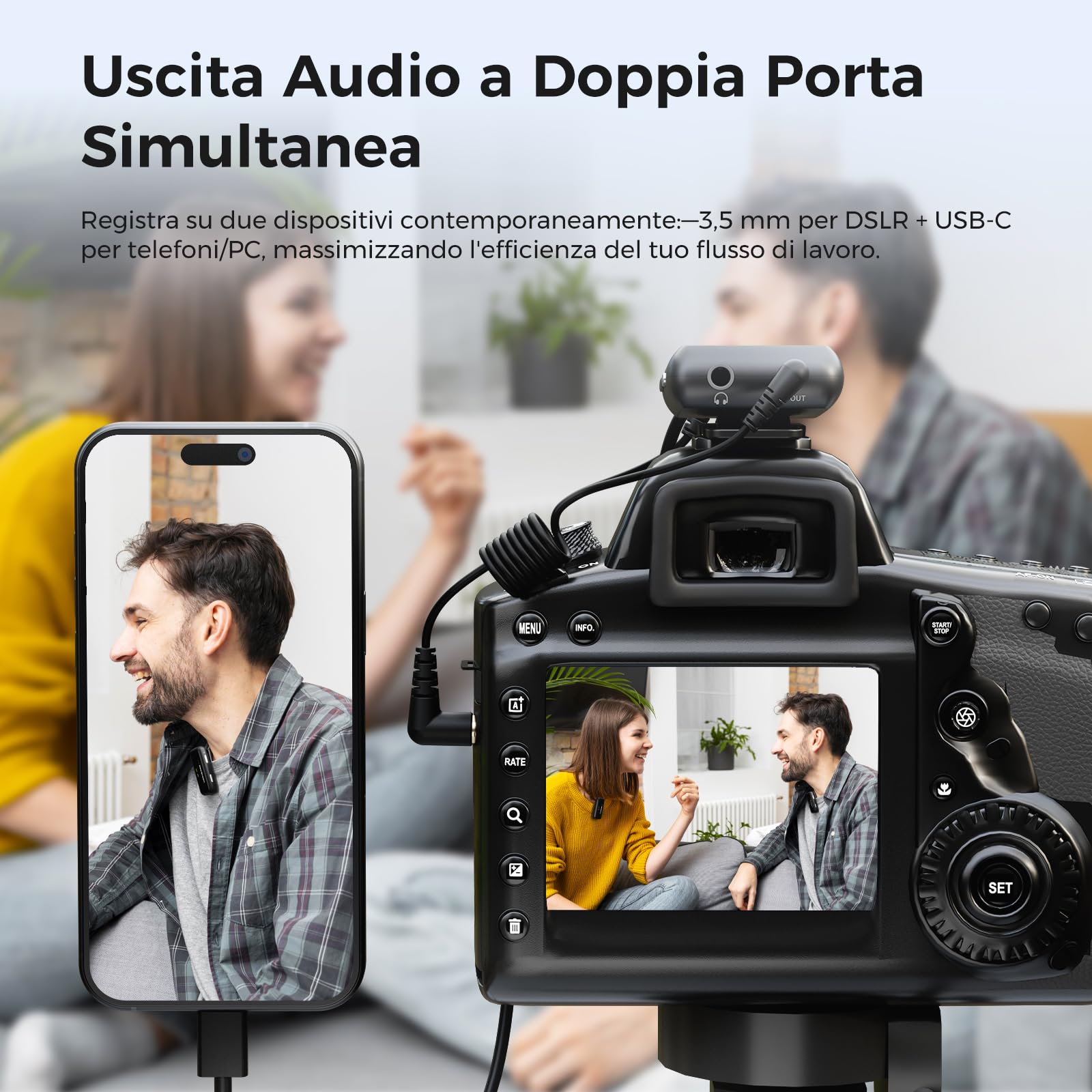 NearStream Microfono Lavalier Wireless con tecnologia ENC(la cancellazione del rumore ambientale),Schermo LCD,Distanza di Trasmissione di 200m, 20 ore di Durata,Guadagno A udio&Disattivazione Audio