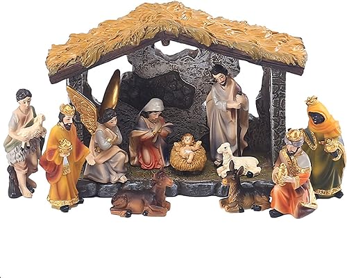 Adornos de grupo de pesebre de Navidad, juego de nacimiento de Jesús para interiores, 12 piezas, estatuas de belén de aldea de Navidad de resina,