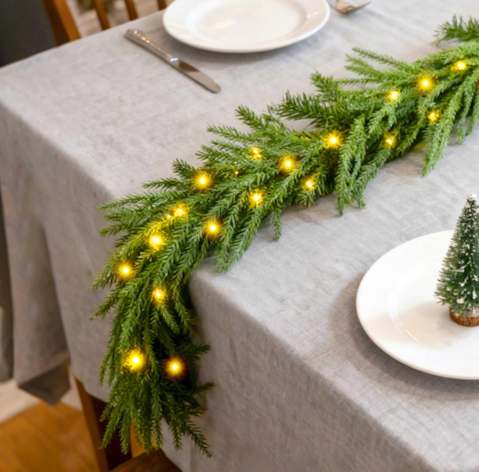 9FT/2.7M Artificial Norfolk Pine Garlands with Lights, Xmas Garlands for Fireplace Stairs Front Door,Light Up Artificial Wreath Table Porch Arch Mantle Garden Gate Home Outdoor Decorations