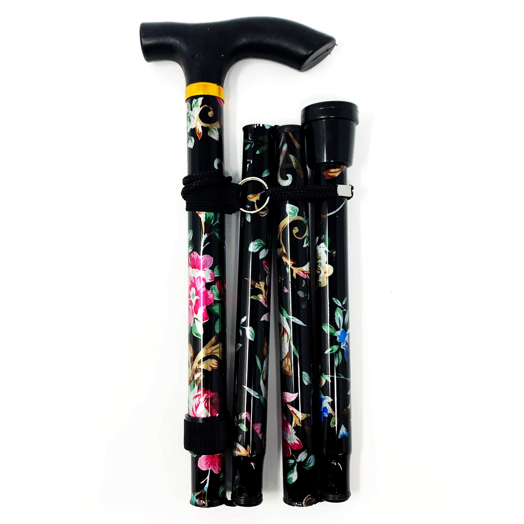 PLASTIFIC Walking Stick, Easy Adjustable Height Folding Extendable Walking Cane, Lightweight Flexible and Durable Walking Aid Mobility Aid Collapsible Walking Stick (Black Flower)