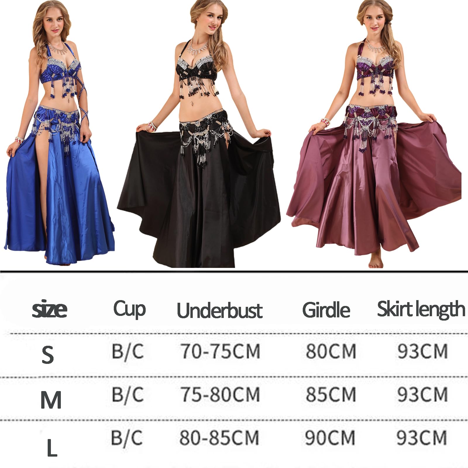 Traje Danza Vientre para Mujer Conjunto 3 Piezas,Ropa Rendimiento satén con Dos Aberturas Laterales para Danza Vientre,Faldas flamencas Carnaval Halloween Traje Danza Vientre,Oro,S
