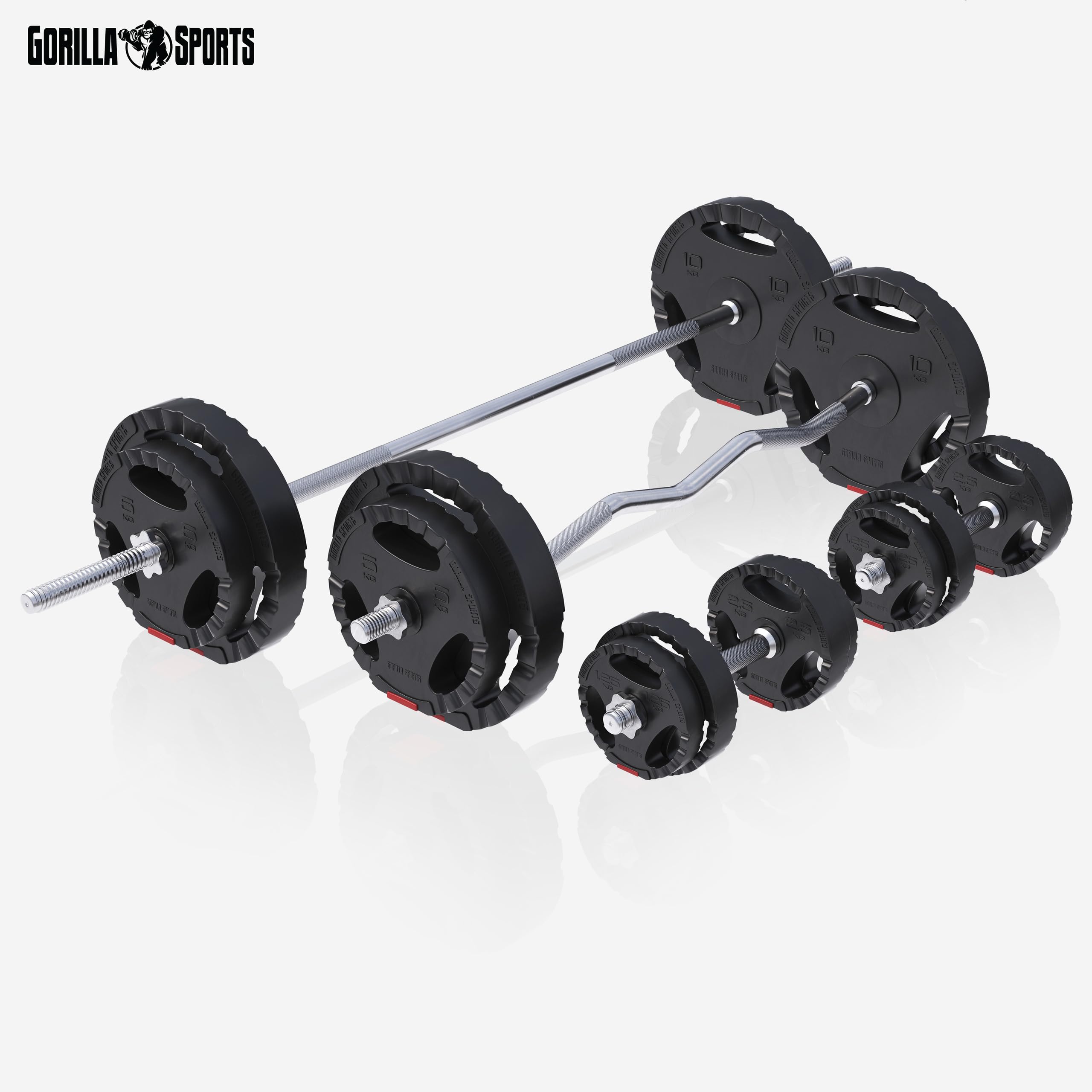GORILLA SPORTS® Banc de Musculation Multifonction - Kit d'Haltères 100kg, à Tapis de Protection Sol, Curl Pult, Support Barre, Réglable - Banc Haltérophilie, Pliable, Set Entraînement Complet, Fitness
