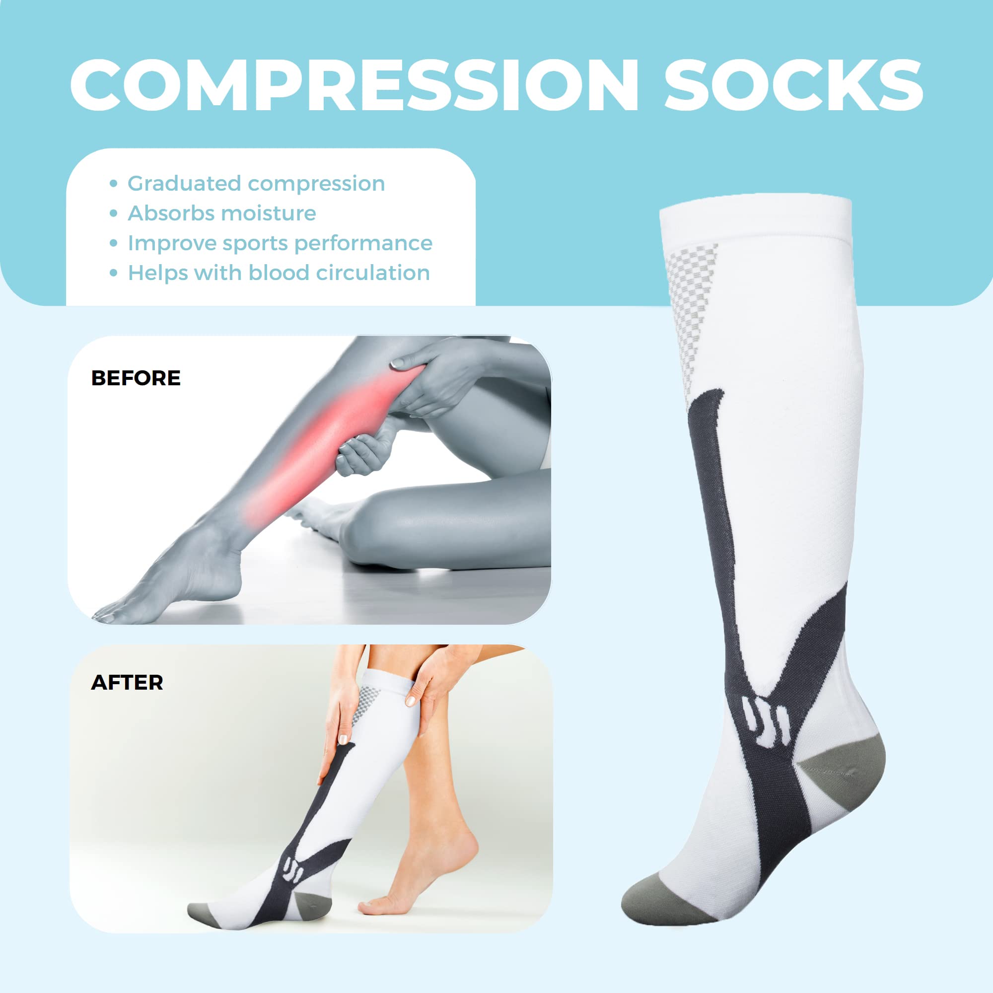 Medias de Compresión para Mujeres y Hombres (20-30mmHg), Calcetines de Compresión de Deporte, Running, Ciclismo, Viaje, Embarazo, Varices, Circulación Sanguínea, Vuelos, Trombosis, Enfermeria, Médico.