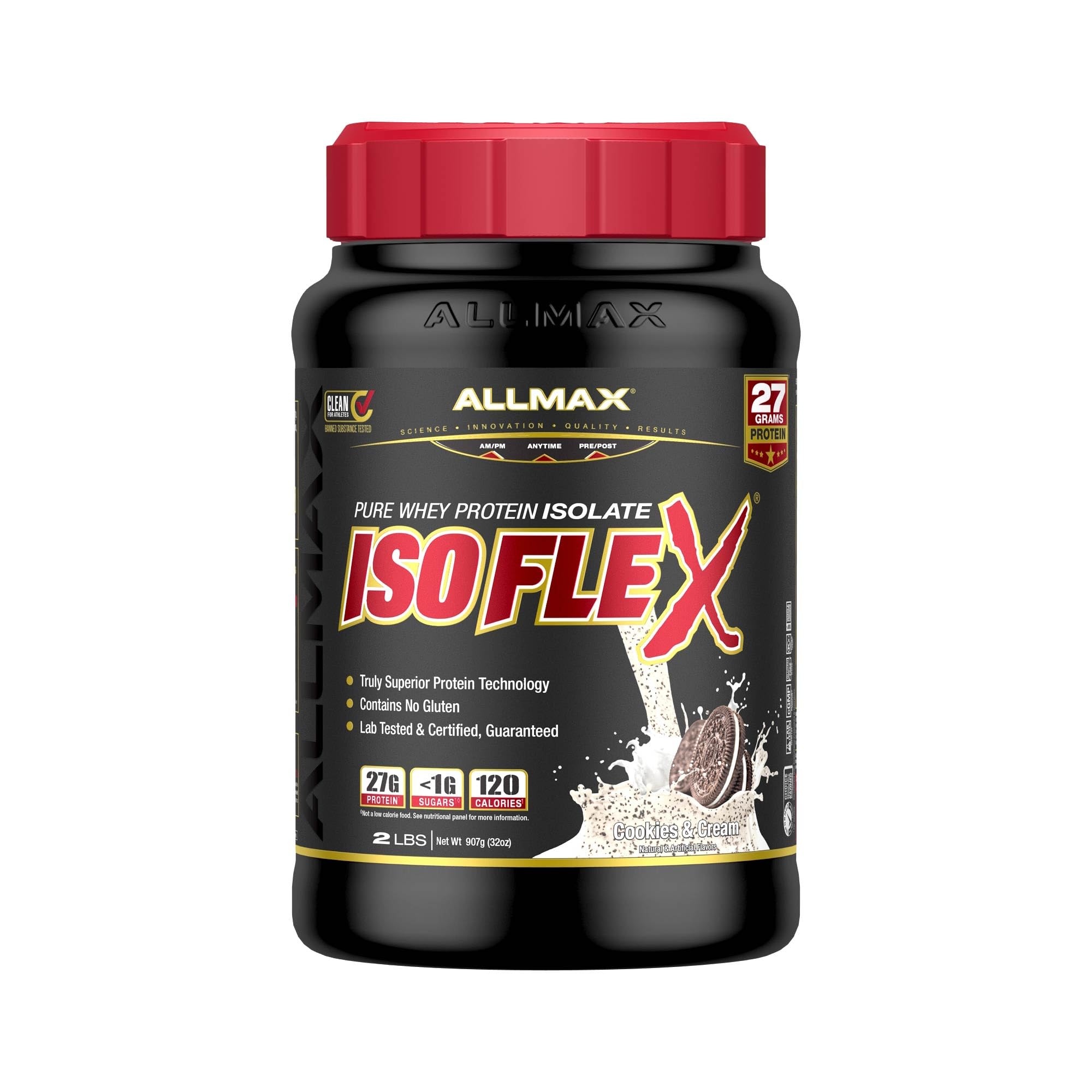 AllMax Nutrition ISOFLEX Whey Protein Isolate, Cookies & Cream - 2 lb - 27 Grams of Protein Per Scoop - Zero Fat & Sugar - 99% Lactose Free - Gluten Free & Soy Free - Approximate 30 Servings