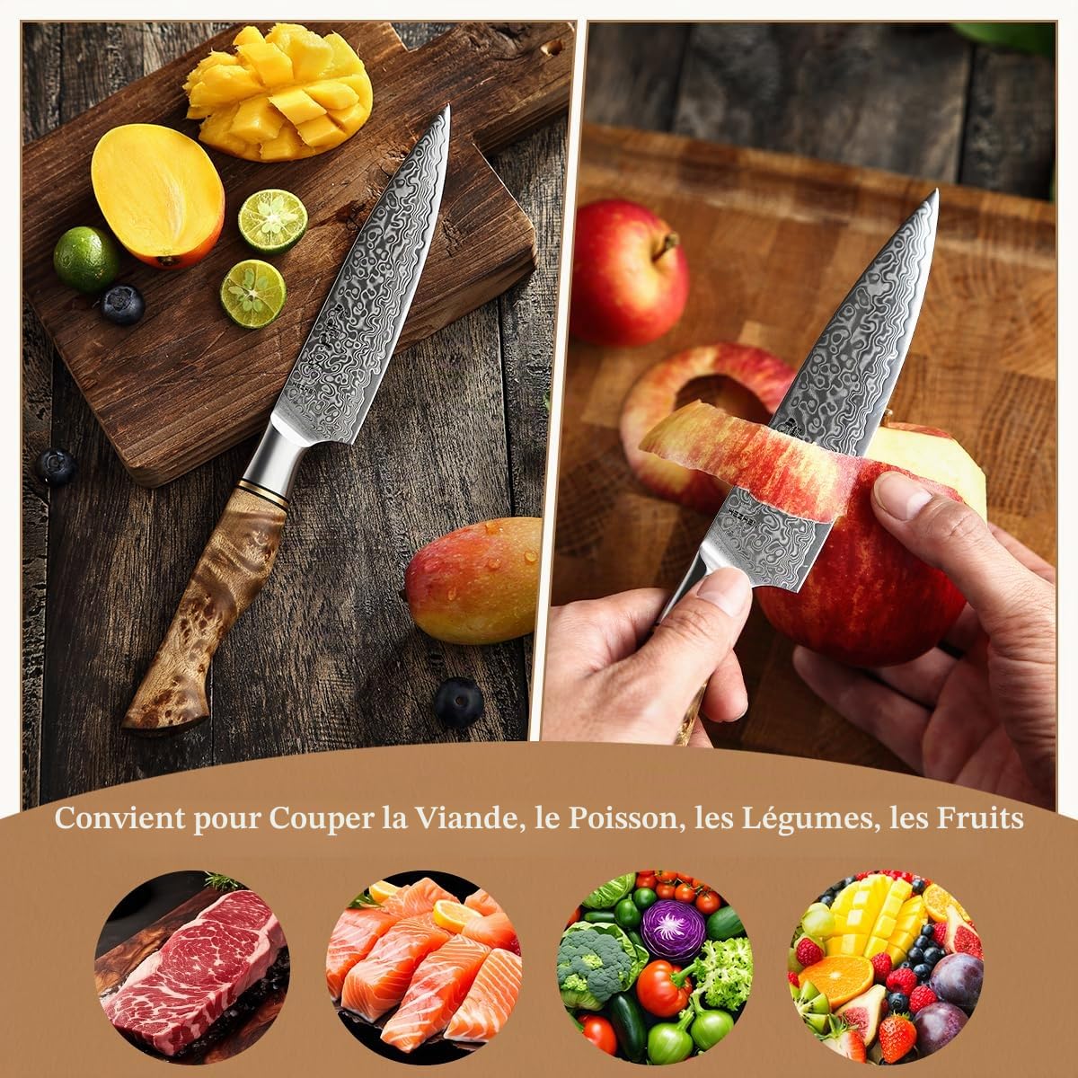 HEZHEN Couteau Universel, Acier Damas Couteaux D'office, Multifonctionnel Couteau à Fruits, Figured Sycamore Wood Handle