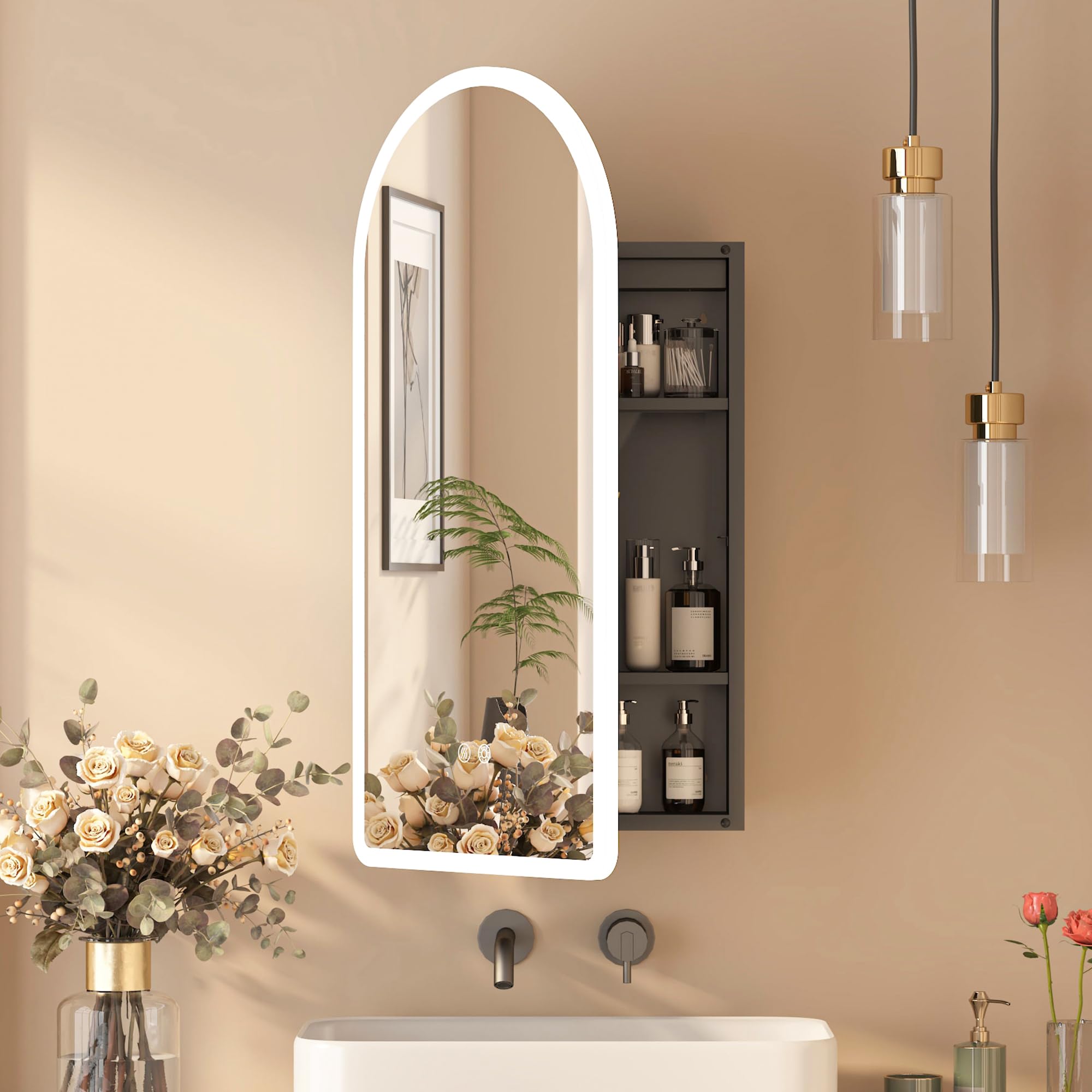 Mepplzian Black Arched Medicine Cabinet With Mirror, Recessed Lighted Medicine Cabinet For Bathroom, Led Bathroom Vanity Mirror with Storage,3-Color Lighted Mirrored Cabinet Wall Mounted With Defogger