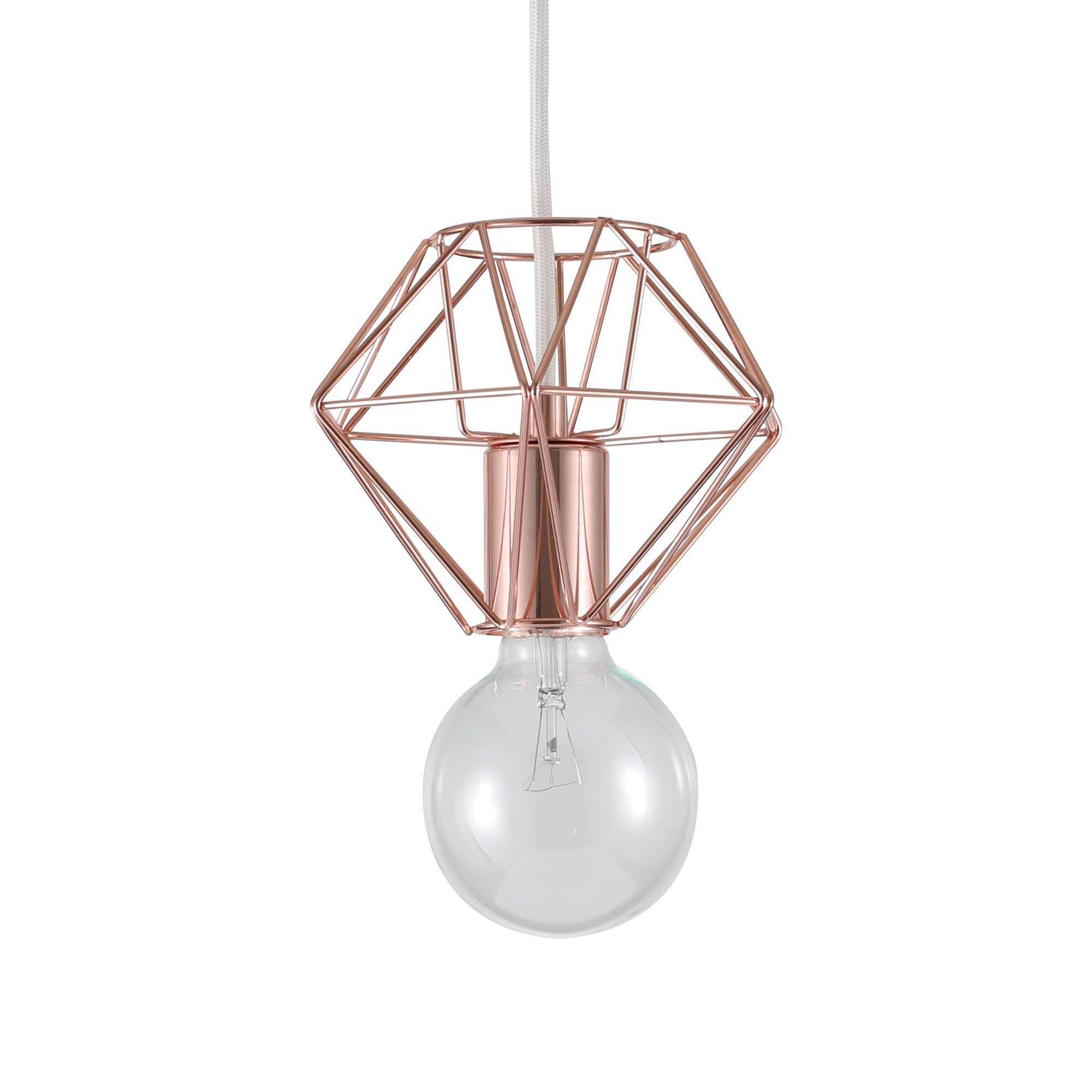 BRIGHTTIARose Gold Geometric Diamond Wire Cage Plug-in Swag Pendant Ceiling Light - Modern Minimalist Light - Mid Century Industrial Exposed Bulb Lighting - 16’ White Woven Fabric Cord - BP00017-1AP