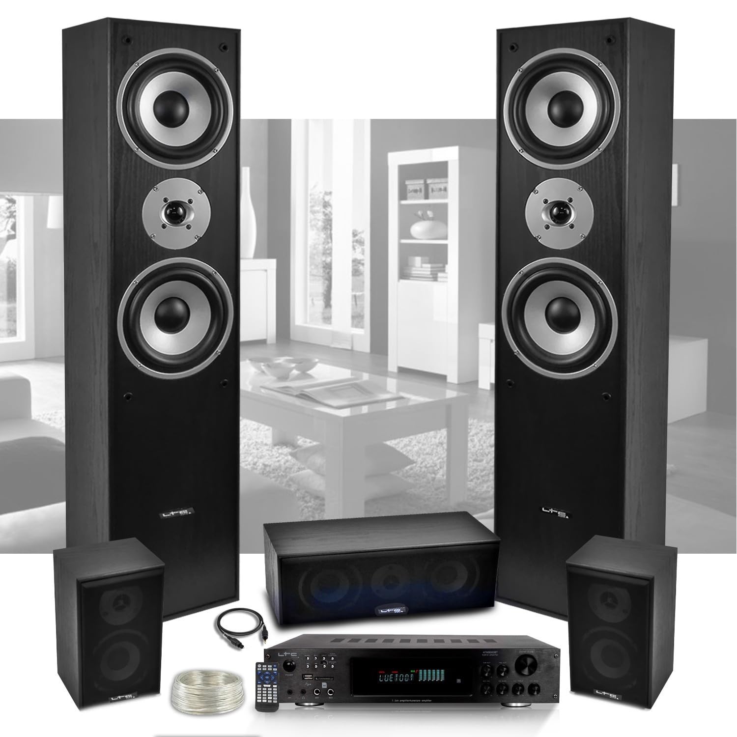 Ensemble Home-Cinéma 5 Enceintes LTC E1004 Noire 850W - Ampli ATM8000 Karaoke - USB/BT/Radio FM 4x75W -3 x20W - Câble