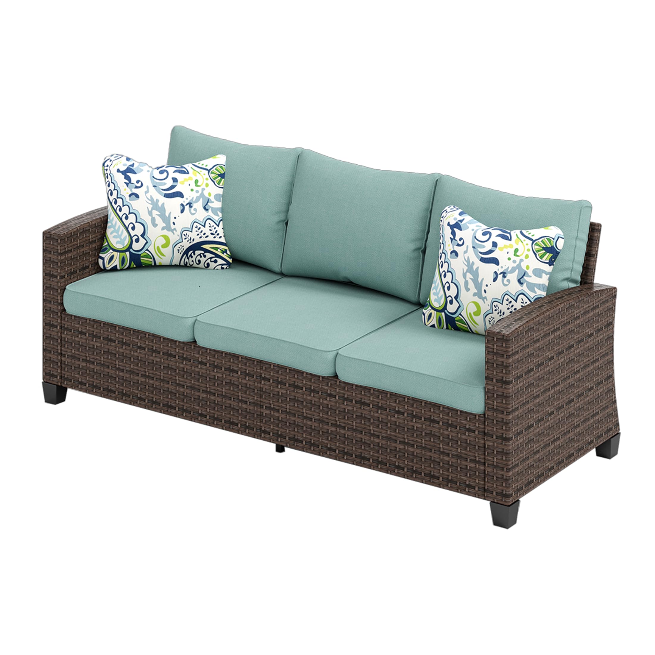 SUNSHINE VALLEY Outdoor Patio 3-seat Wicker Rattan Patio Sofa，Outdoor Brown Premium Patio Couch with 4" Thick Cushions All Weather Use for Garden,Lawn