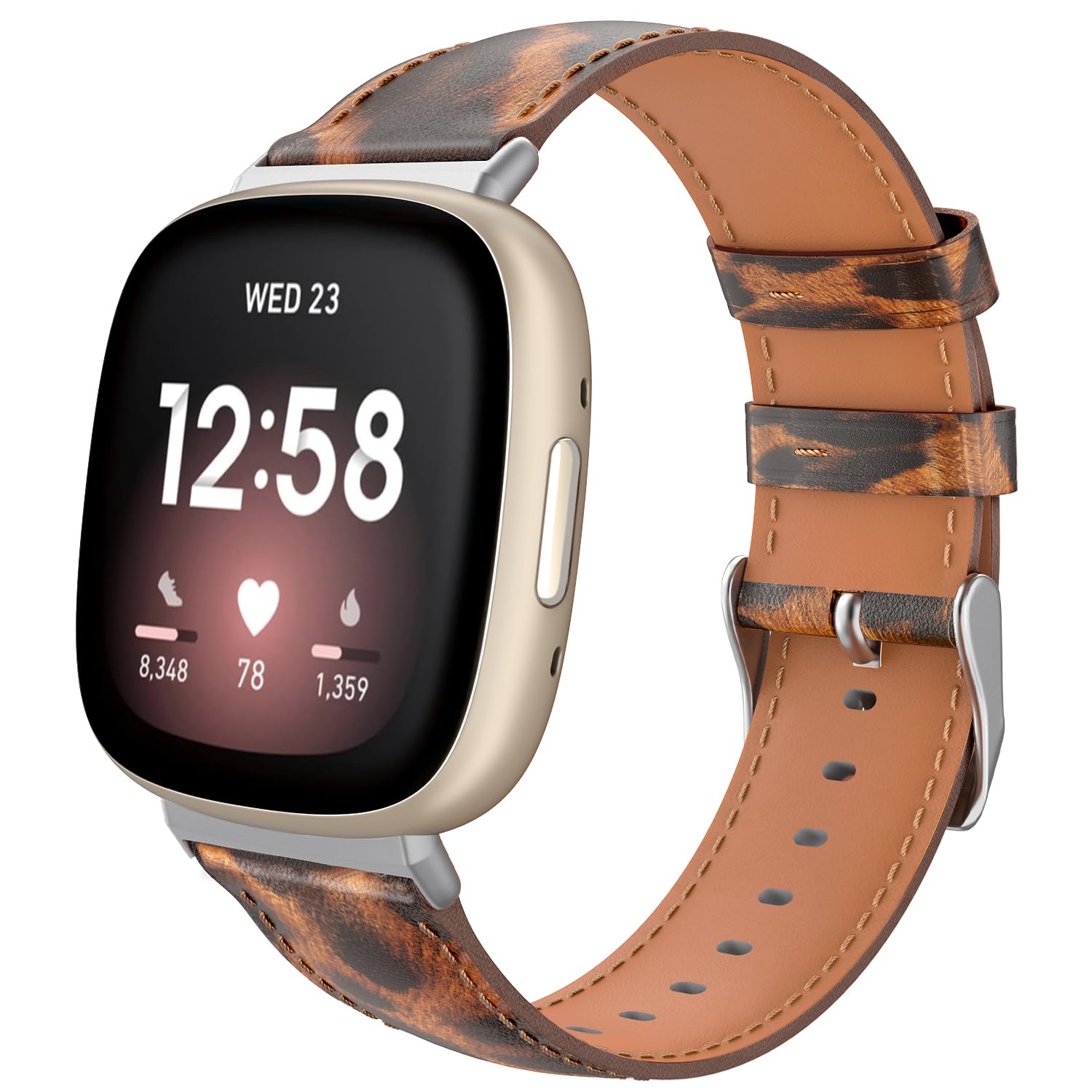 TiMOVO Leather Band Compatible with Versa 4/Versa 3/Sense 2/Sense Watch Bands, Top Grain Genuine Classic Leather Replacement Wristbands Straps for Women Men, Leopard Brown